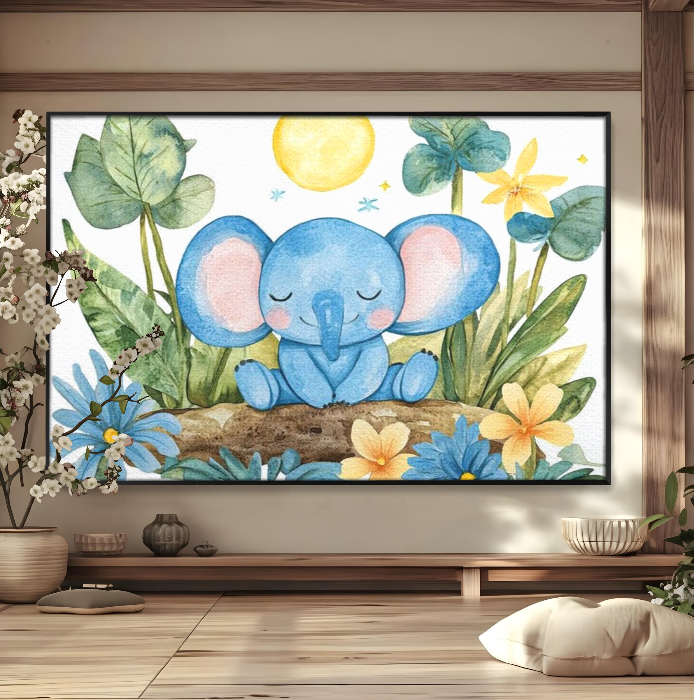 Tablou Canvas Premium, LuxCanva® K1024, Elefantelul Adormit, Somn, Vis, Pui, Gradina, Fermecata, Liniste, Soare, Bebelus, Cresa, Gradinita, Albastru, Safari, Jungla, Camera Copii