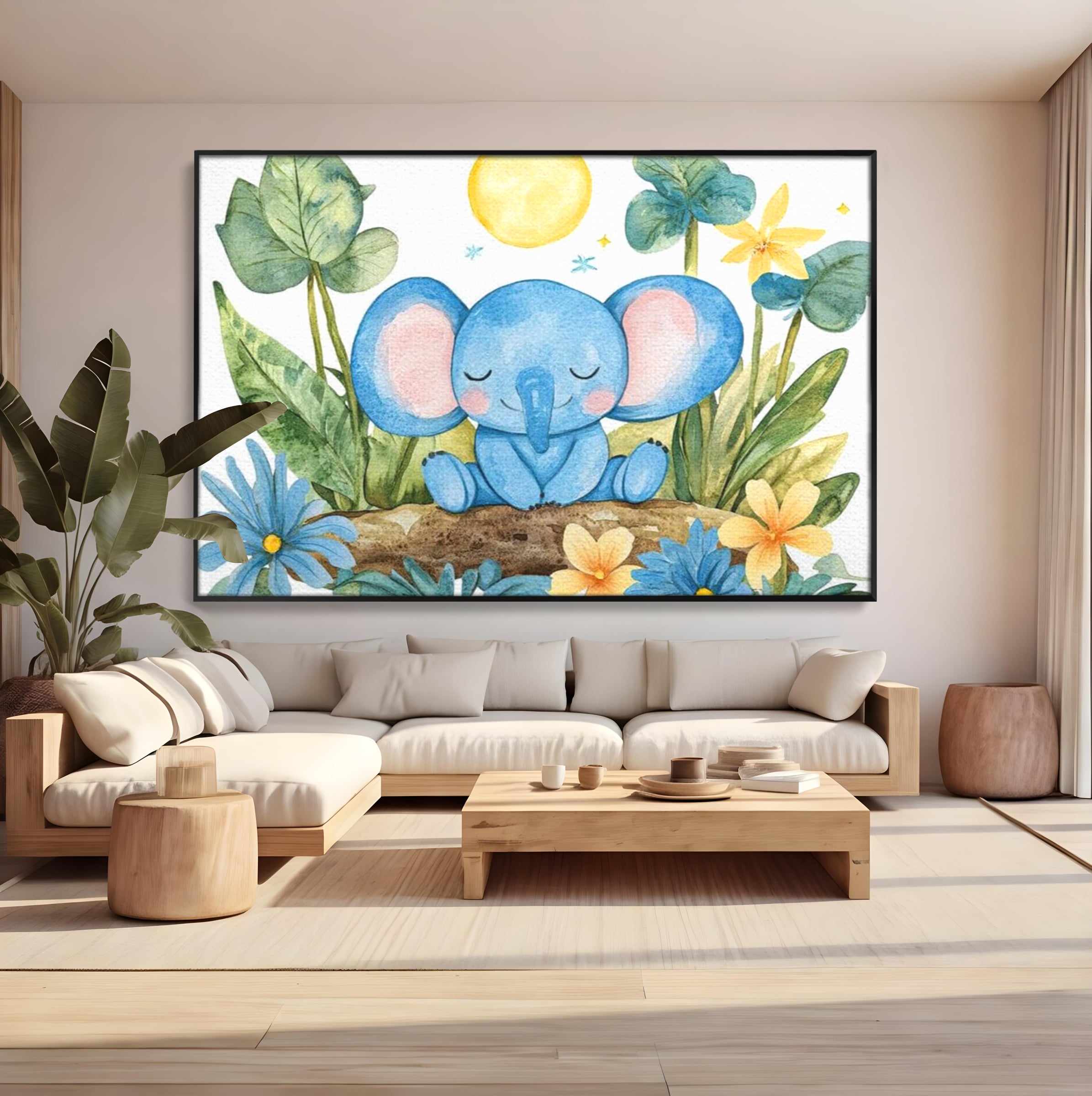 Tablou Canvas Premium, LuxCanva® K1024, Elefantelul Adormit, Somn, Vis, Pui, Gradina, Fermecata, Liniste, Soare, Bebelus, Cresa, Gradinita, Albastru, Safari, Jungla, Camera Copii