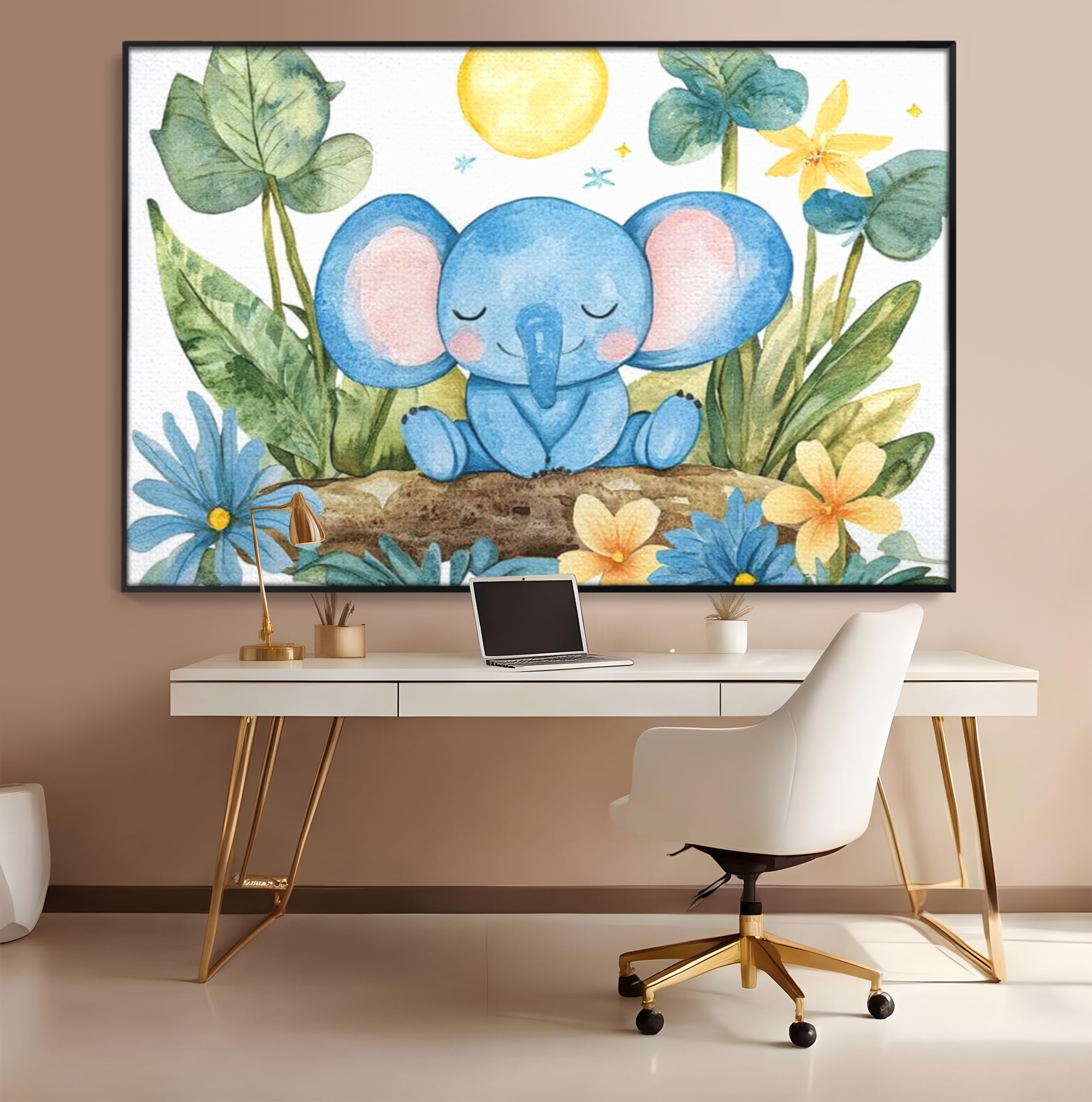 Tablou Canvas Premium, LuxCanva® K1024, Elefantelul Adormit, Somn, Vis, Pui, Gradina, Fermecata, Liniste, Soare, Bebelus, Cresa, Gradinita, Albastru, Safari, Jungla, Camera Copii