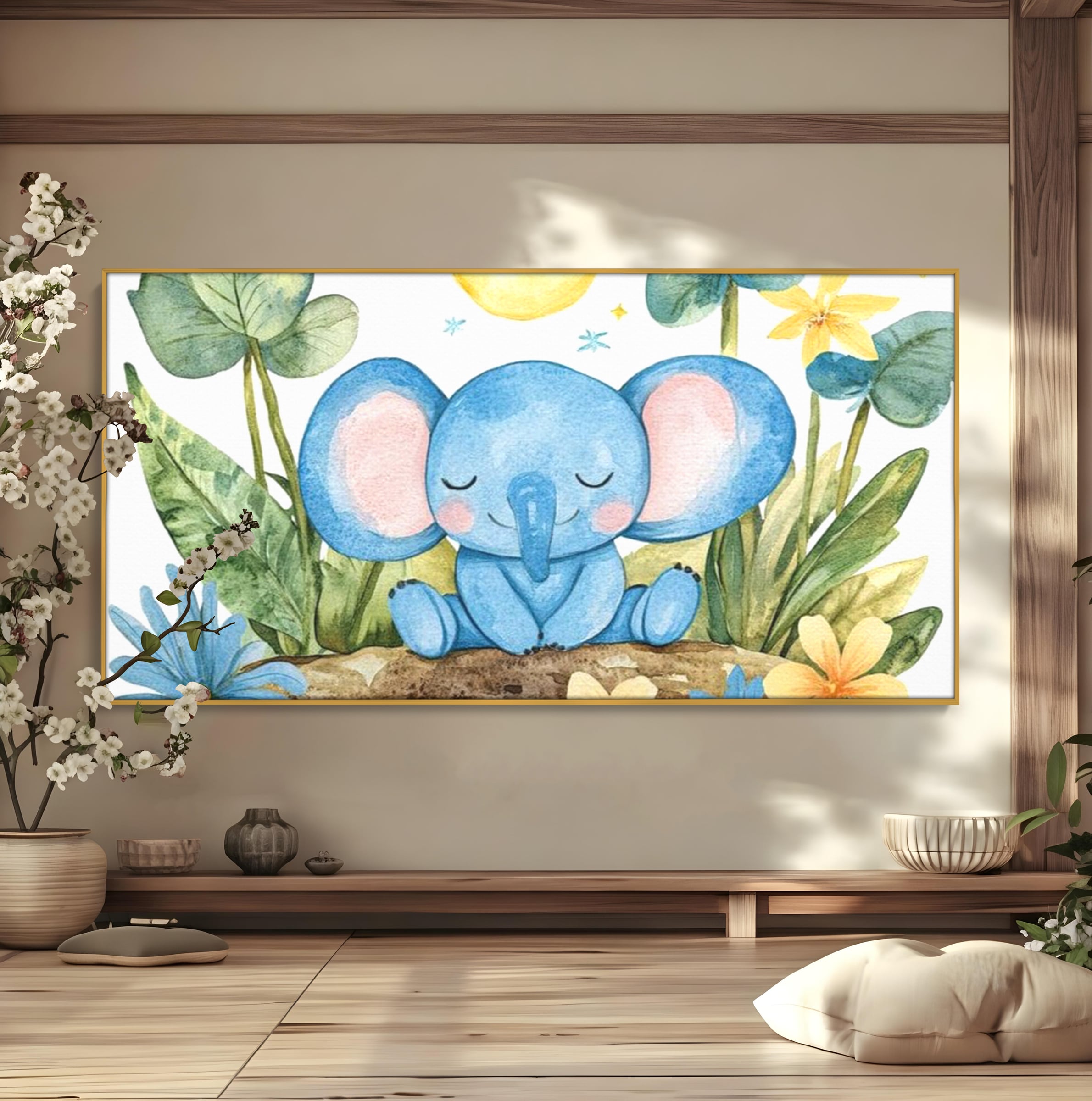 Tablou Canvas Premium, LuxCanva® K1024, Elefantelul Adormit, Somn, Vis, Pui, Gradina, Fermecata, Liniste, Soare, Bebelus, Cresa, Gradinita, Albastru, Safari, Jungla, Camera Copii