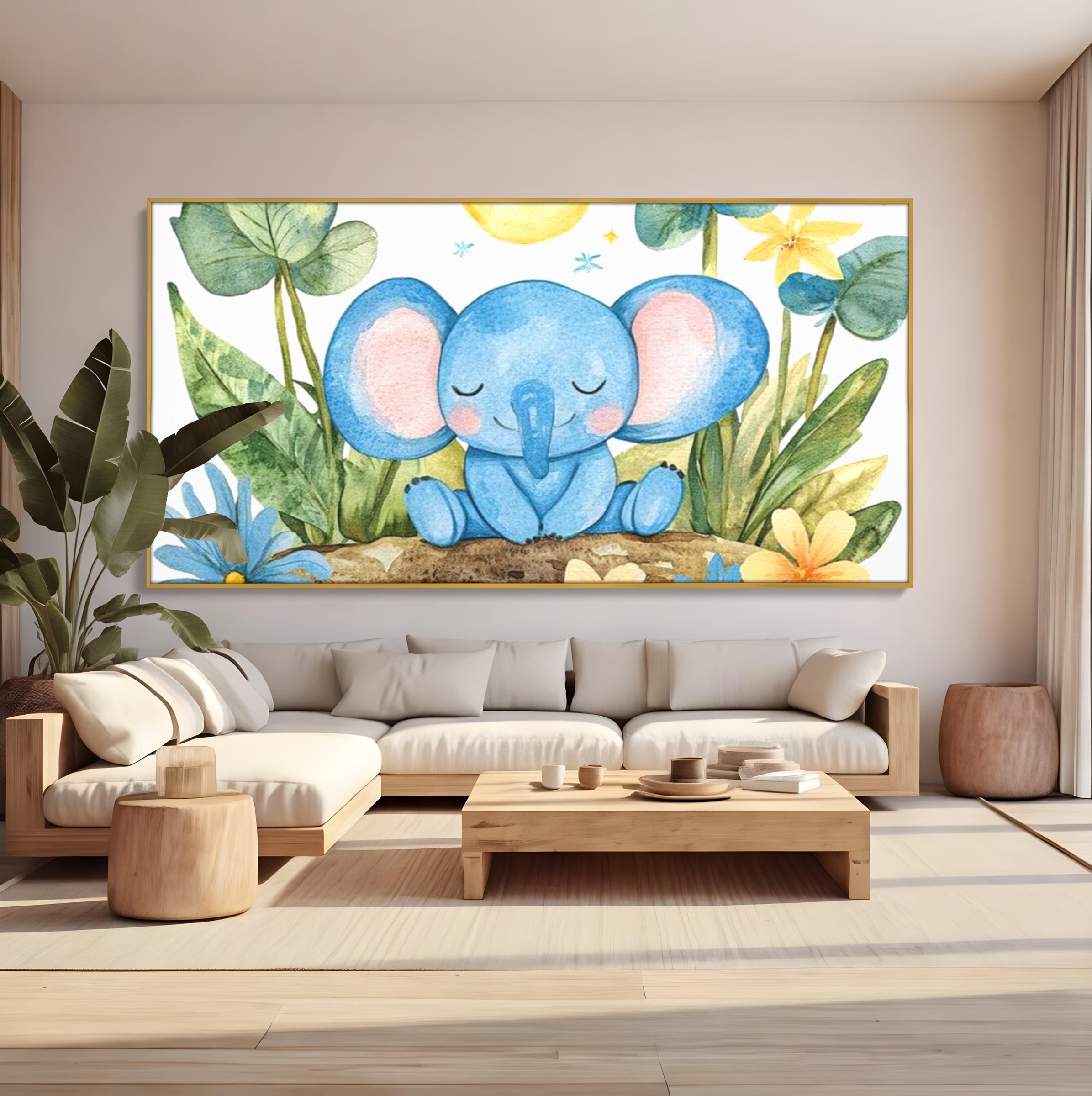 Tablou Canvas Premium, LuxCanva® K1024, Elefantelul Adormit, Somn, Vis, Pui, Gradina, Fermecata, Liniste, Soare, Bebelus, Cresa, Gradinita, Albastru, Safari, Jungla, Camera Copii