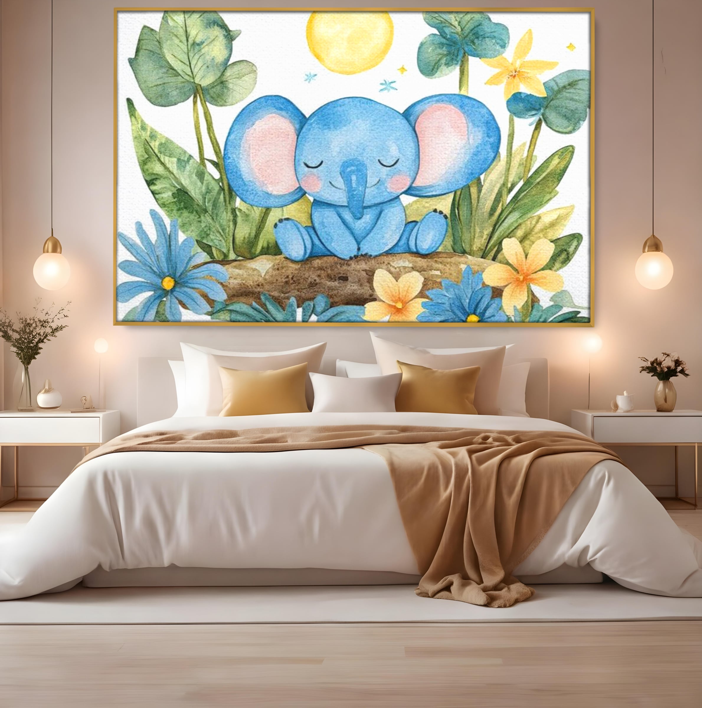 Tablou Canvas Premium, LuxCanva® K1024, Elefantelul Adormit, Somn, Vis, Pui, Gradina, Fermecata, Liniste, Soare, Bebelus, Cresa, Gradinita, Albastru, Safari, Jungla, Camera Copii