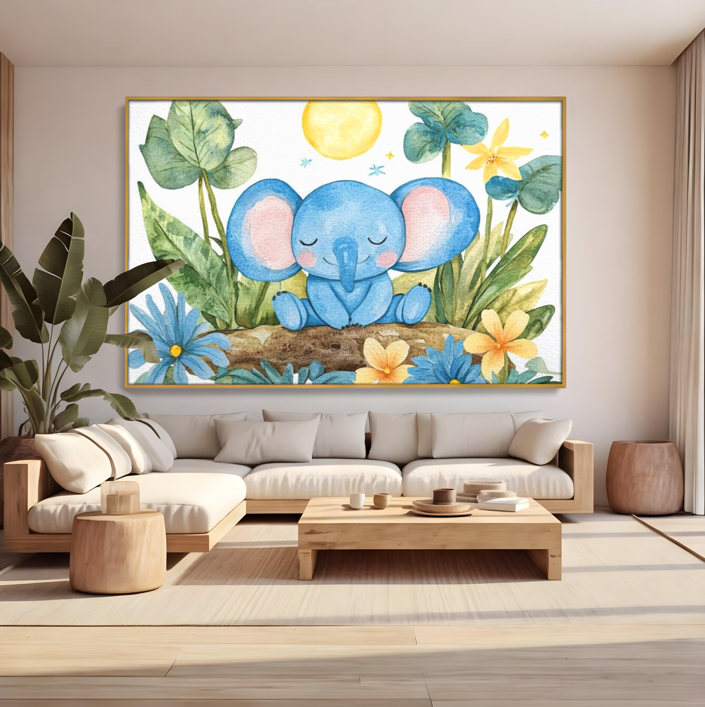 Tablou Canvas Premium, LuxCanva® K1024, Elefantelul Adormit, Somn, Vis, Pui, Gradina, Fermecata, Liniste, Soare, Bebelus, Cresa, Gradinita, Albastru, Safari, Jungla, Camera Copii
