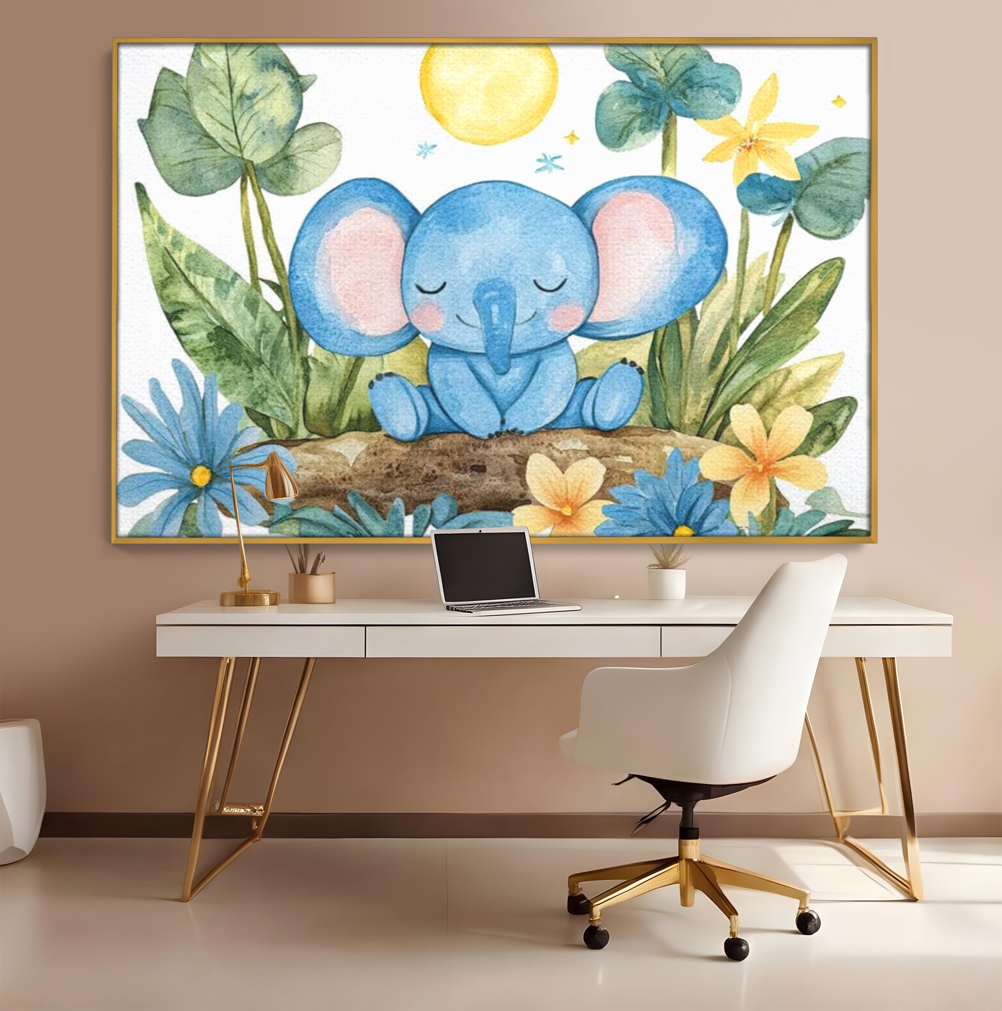 Tablou Canvas Premium, LuxCanva® K1024, Elefantelul Adormit, Somn, Vis, Pui, Gradina, Fermecata, Liniste, Soare, Bebelus, Cresa, Gradinita, Albastru, Safari, Jungla, Camera Copii