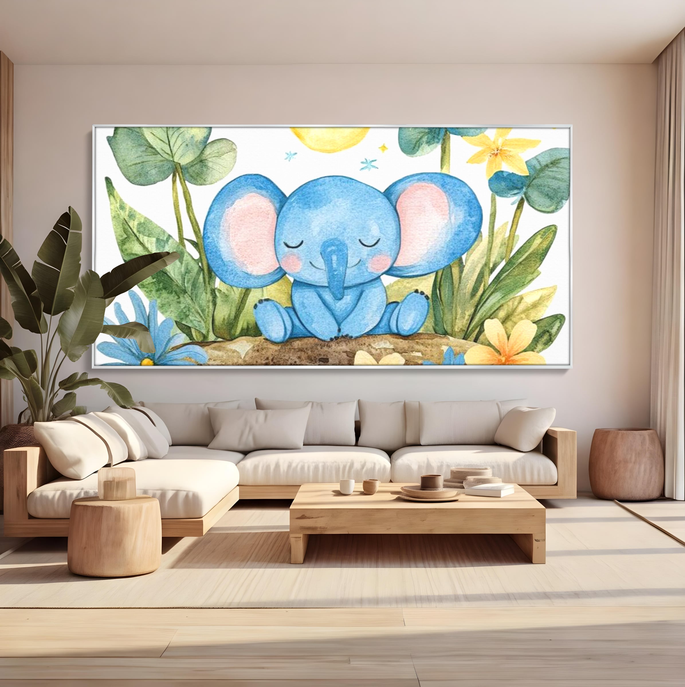 Tablou Canvas Premium, LuxCanva® K1024, Elefantelul Adormit, Somn, Vis, Pui, Gradina, Fermecata, Liniste, Soare, Bebelus, Cresa, Gradinita, Albastru, Safari, Jungla, Camera Copii