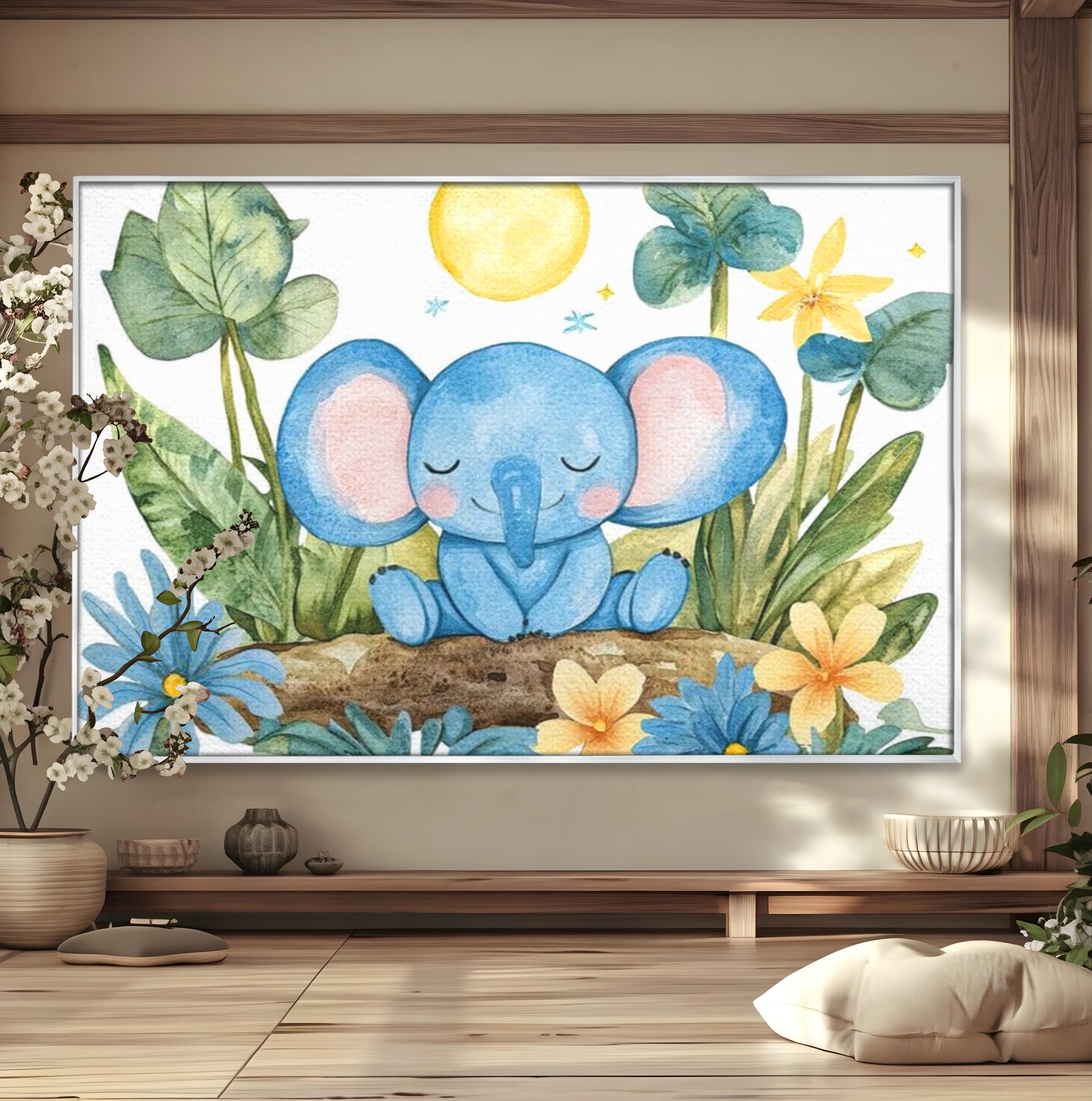 Tablou Canvas Premium, LuxCanva® K1024, Elefantelul Adormit, Somn, Vis, Pui, Gradina, Fermecata, Liniste, Soare, Bebelus, Cresa, Gradinita, Albastru, Safari, Jungla, Camera Copii