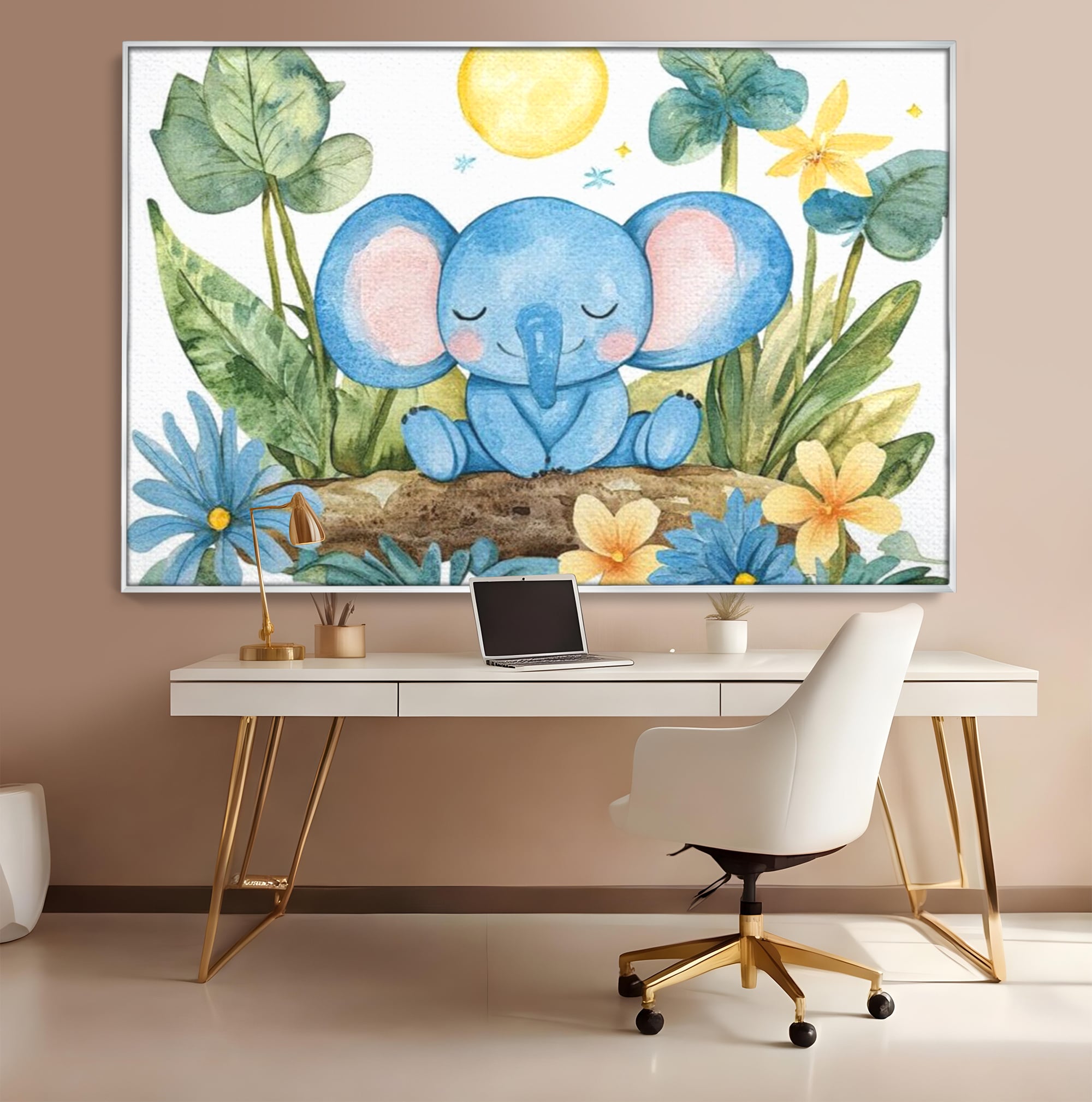 Tablou Canvas Premium, LuxCanva® K1024, Elefantelul Adormit, Somn, Vis, Pui, Gradina, Fermecata, Liniste, Soare, Bebelus, Cresa, Gradinita, Albastru, Safari, Jungla, Camera Copii