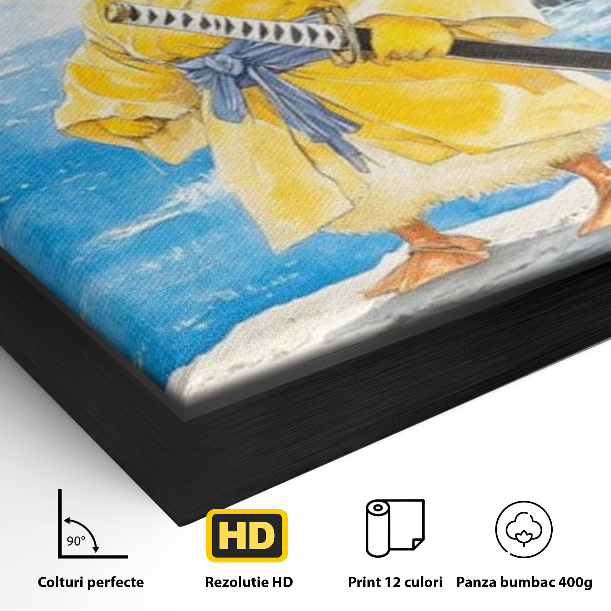 Tablou Canvas Premium, LuxCanva® K1026, Ratoiul Samurai, Amuzant, Galben, Copii, Umor, Sabie, Animatie, Mare, Stanci, Japonez, Caricatural, Gradinita, Loc de Joaca, Camera Copii