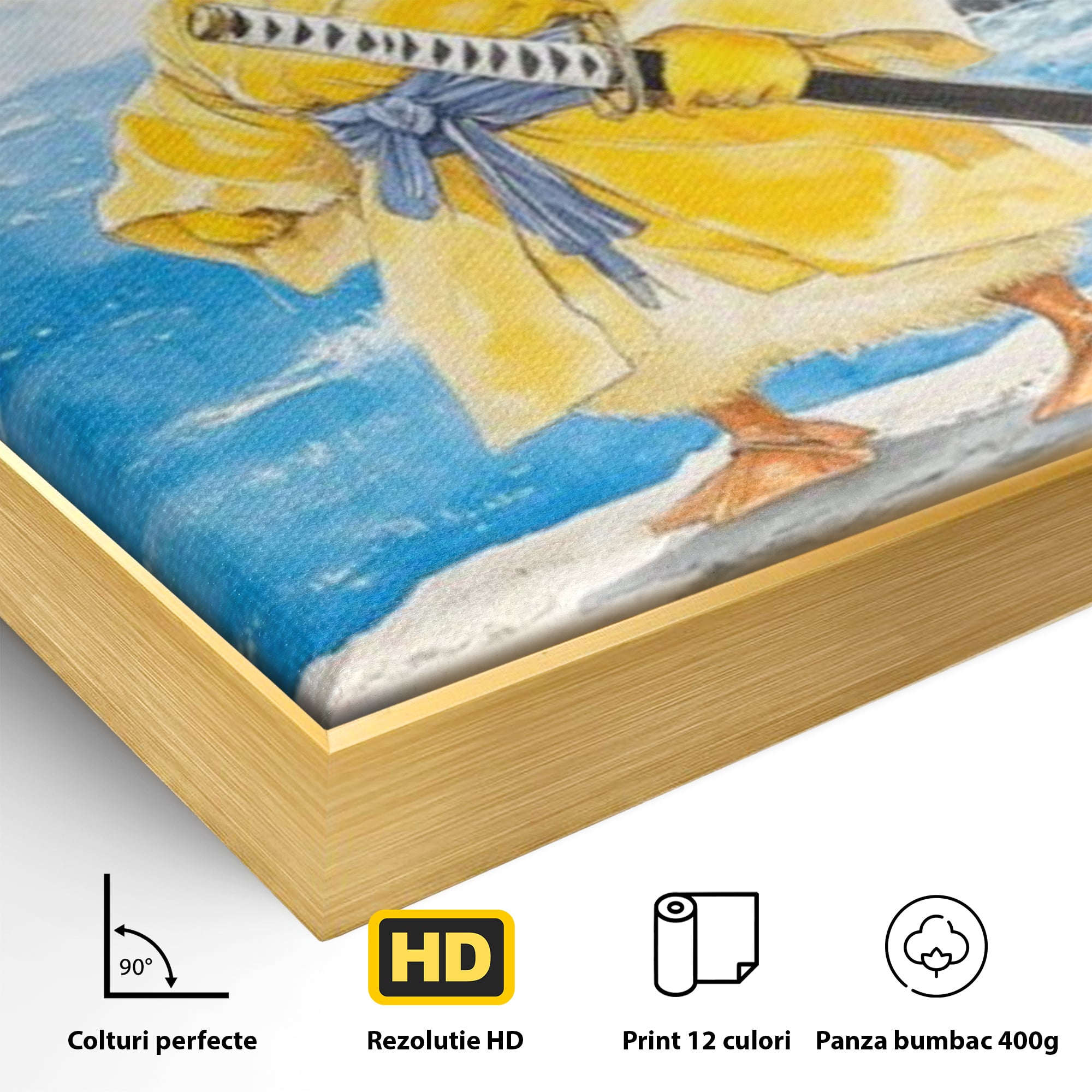 Tablou Canvas Premium, LuxCanva® K1026, Ratoiul Samurai, Amuzant, Galben, Copii, Umor, Sabie, Animatie, Mare, Stanci, Japonez, Caricatural, Gradinita, Loc de Joaca, Camera Copii