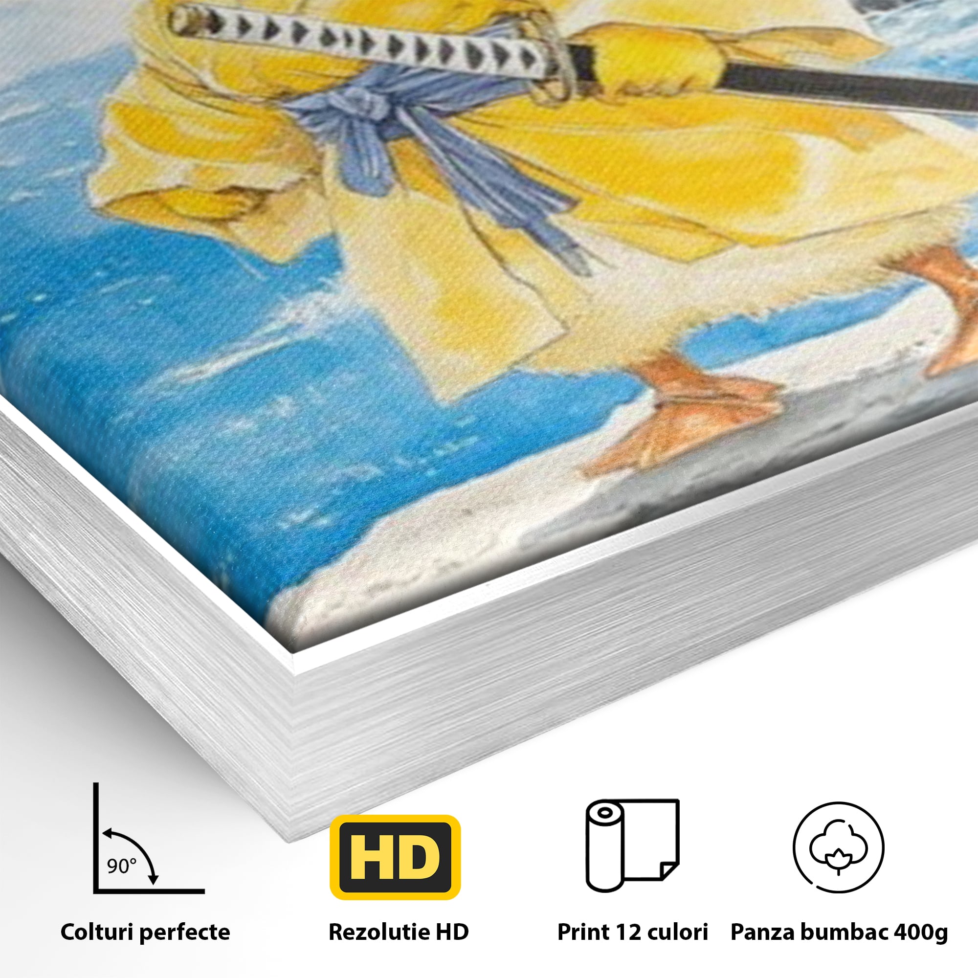 Tablou Canvas Premium, LuxCanva® K1026, Ratoiul Samurai, Amuzant, Galben, Copii, Umor, Sabie, Animatie, Mare, Stanci, Japonez, Caricatural, Gradinita, Loc de Joaca, Camera Copii