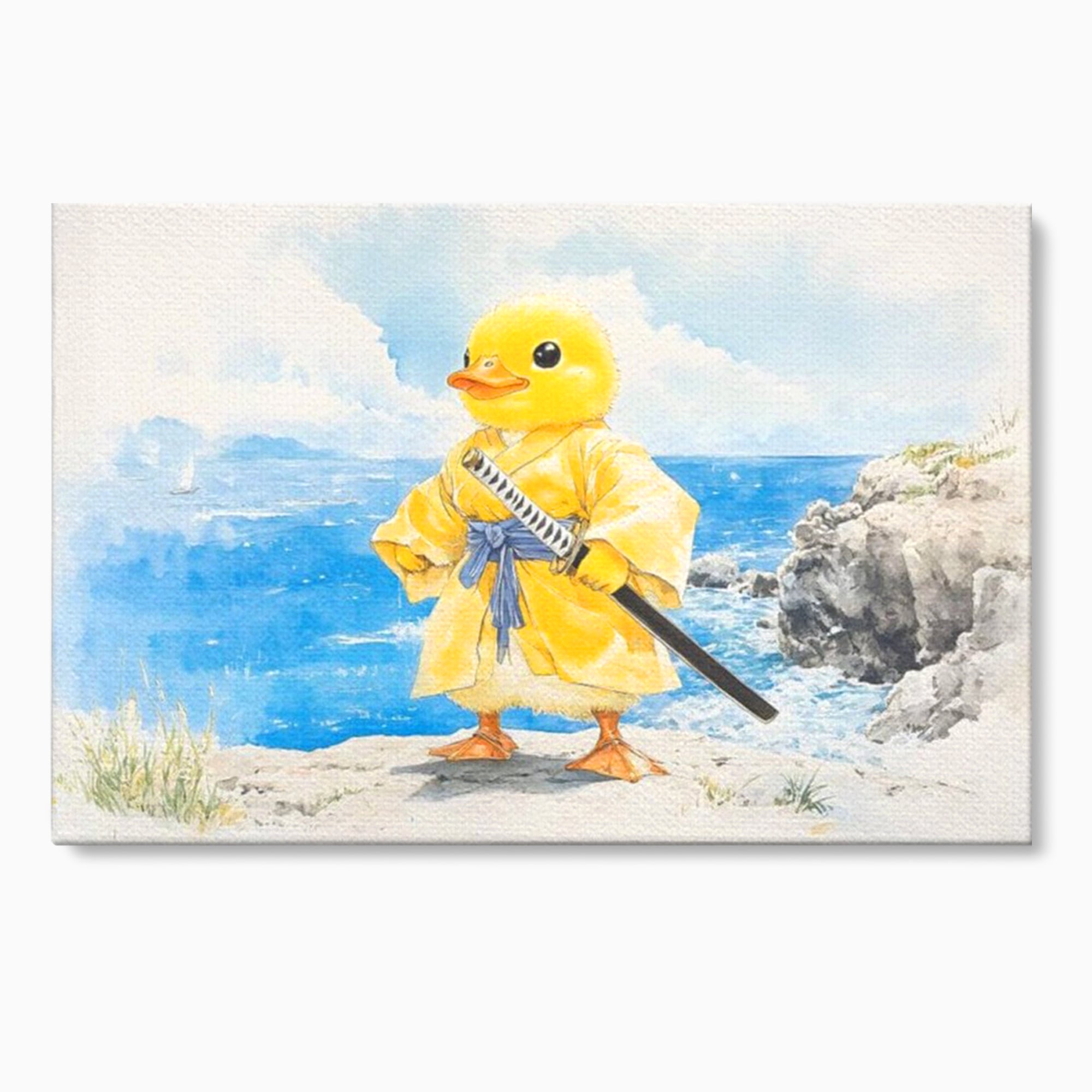 Tablou Canvas Premium, LuxCanva® K1026, Ratoiul Samurai, Amuzant, Galben, Copii, Umor, Sabie, Animatie, Mare, Stanci, Japonez, Caricatural, Gradinita, Loc de Joaca, Camera Copii