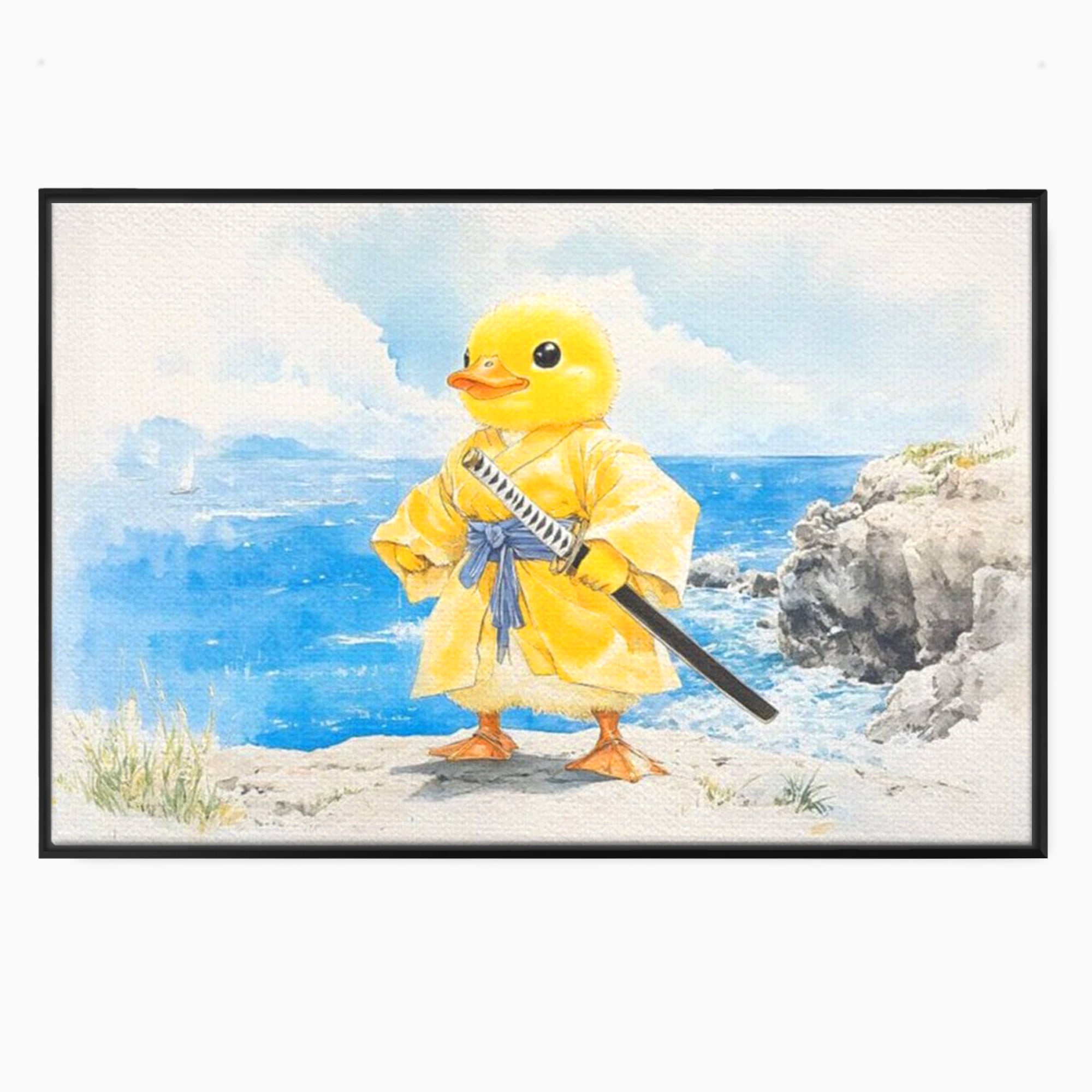 Tablou Canvas Premium, LuxCanva® K1026, Ratoiul Samurai, Amuzant, Galben, Copii, Umor, Sabie, Animatie, Mare, Stanci, Japonez, Caricatural, Gradinita, Loc de Joaca, Camera Copii