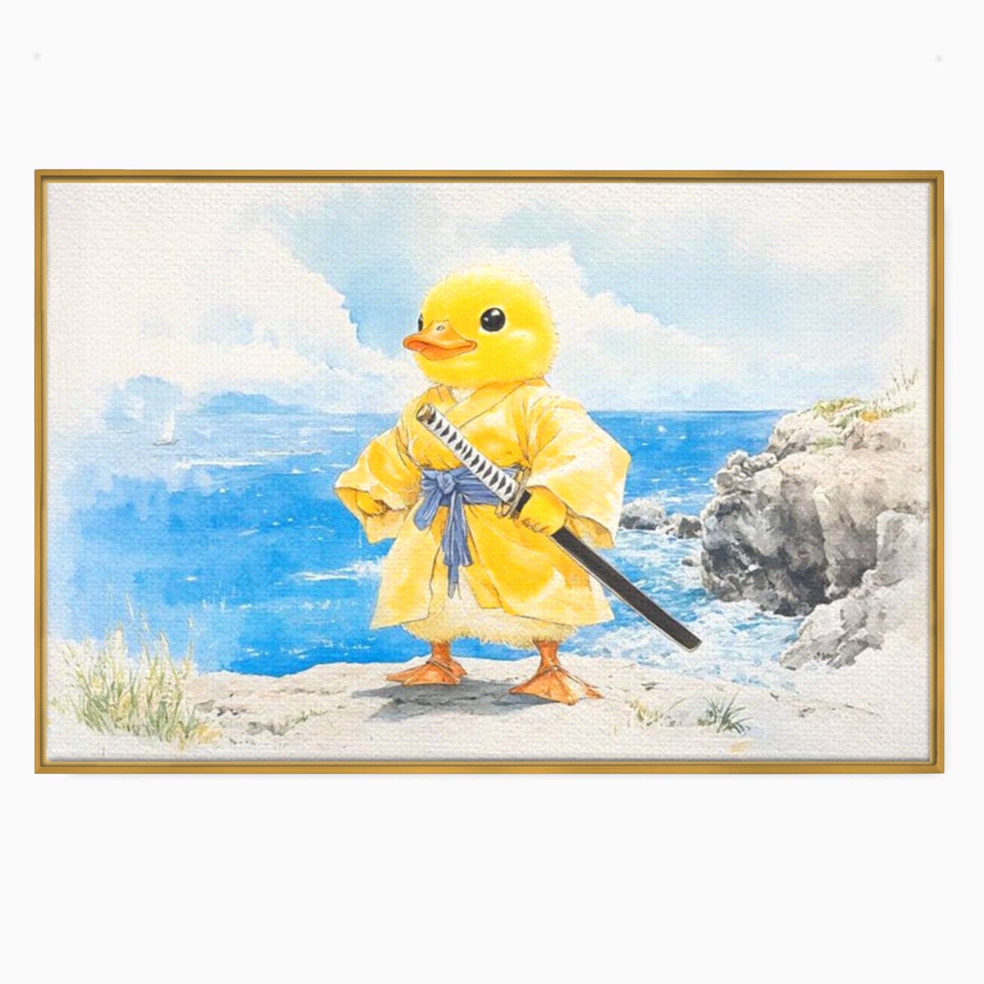 Tablou Canvas Premium, LuxCanva® K1026, Ratoiul Samurai, Amuzant, Galben, Copii, Umor, Sabie, Animatie, Mare, Stanci, Japonez, Caricatural, Gradinita, Loc de Joaca, Camera Copii