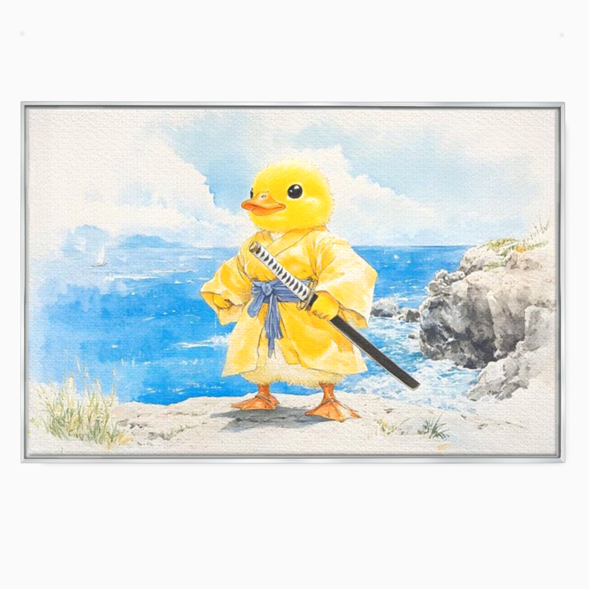 Tablou Canvas Premium, LuxCanva® K1026, Ratoiul Samurai, Amuzant, Galben, Copii, Umor, Sabie, Animatie, Mare, Stanci, Japonez, Caricatural, Gradinita, Loc de Joaca, Camera Copii