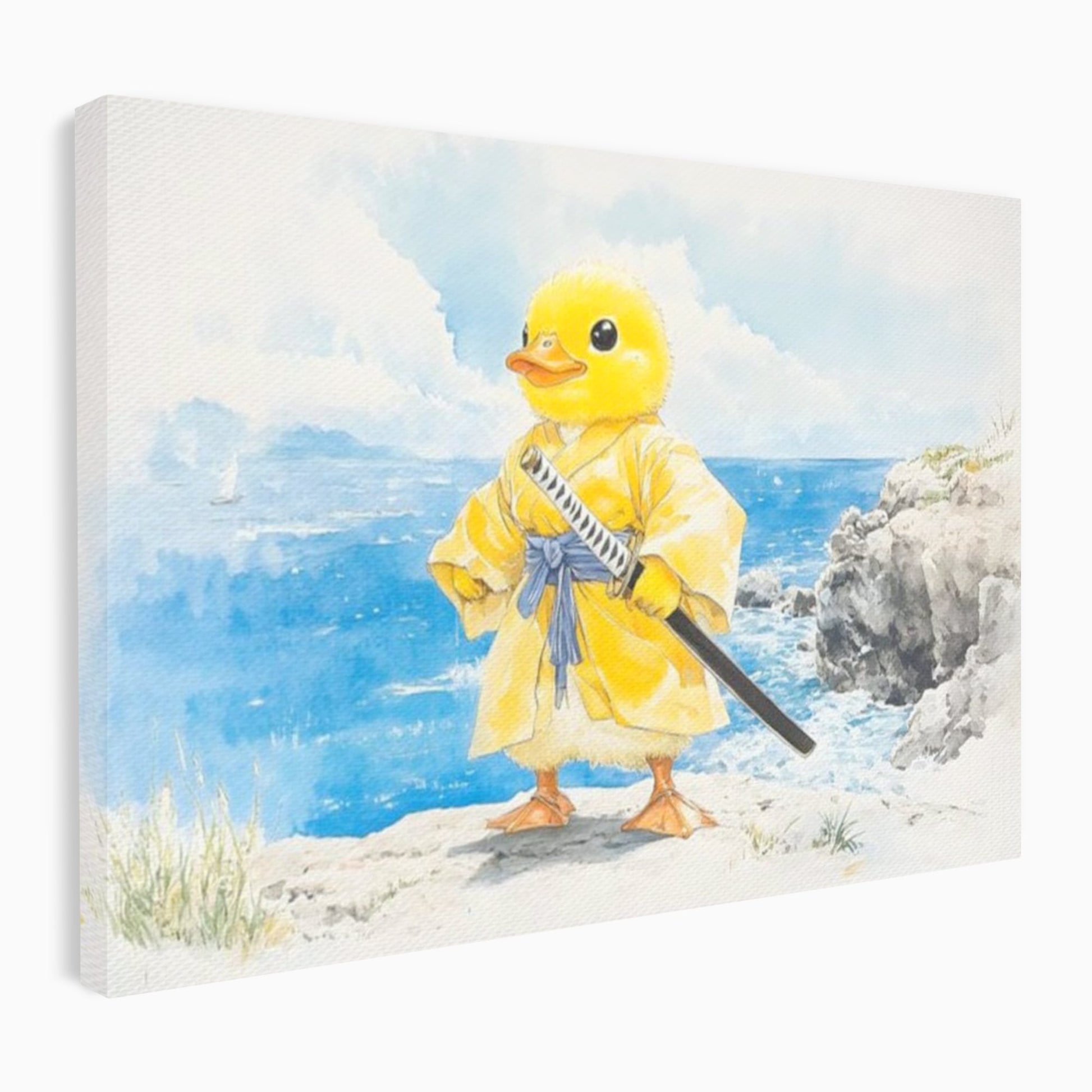 Tablou Canvas Premium, LuxCanva® K1026, Ratoiul Samurai, Amuzant, Galben, Copii, Umor, Sabie, Animatie, Mare, Stanci, Japonez, Caricatural, Gradinita, Loc de Joaca, Camera Copii