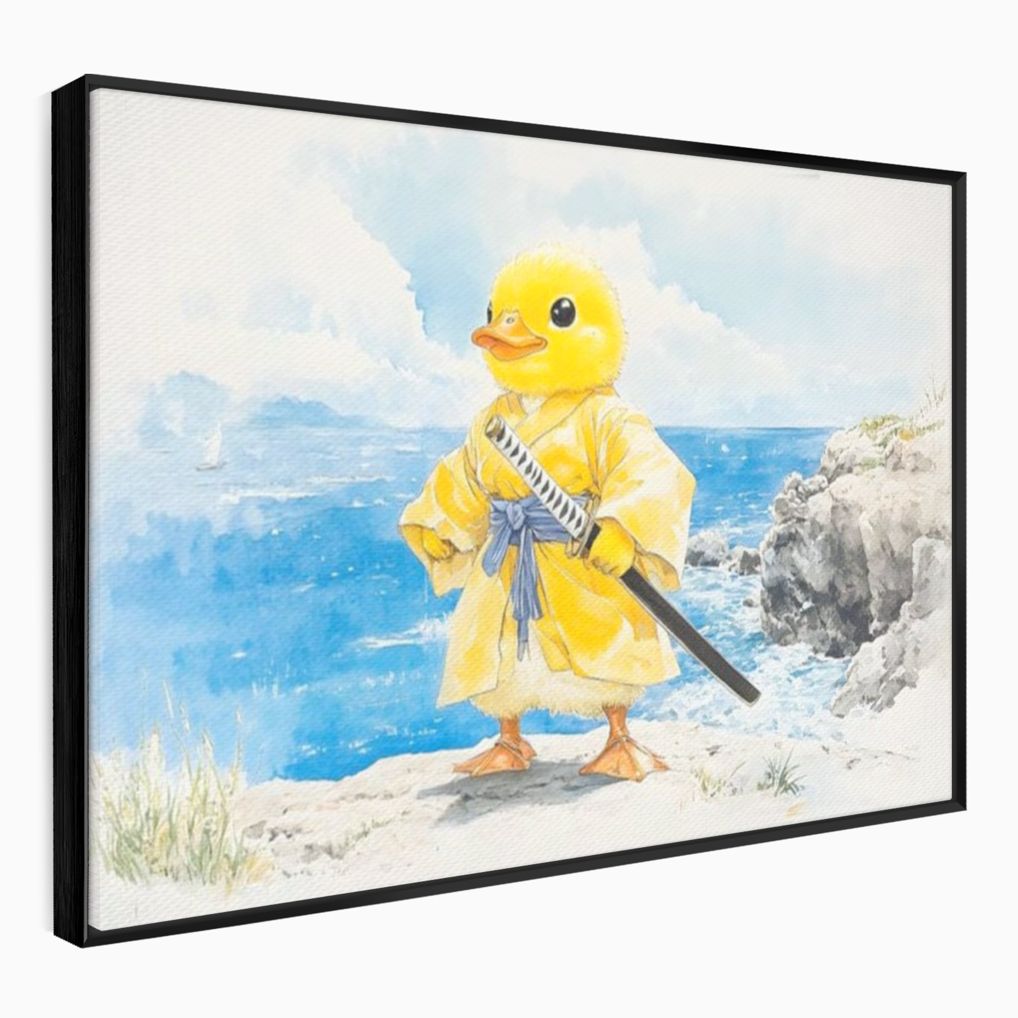 Tablou Canvas Premium, LuxCanva® K1026, Ratoiul Samurai, Amuzant, Galben, Copii, Umor, Sabie, Animatie, Mare, Stanci, Japonez, Caricatural, Gradinita, Loc de Joaca, Camera Copii
