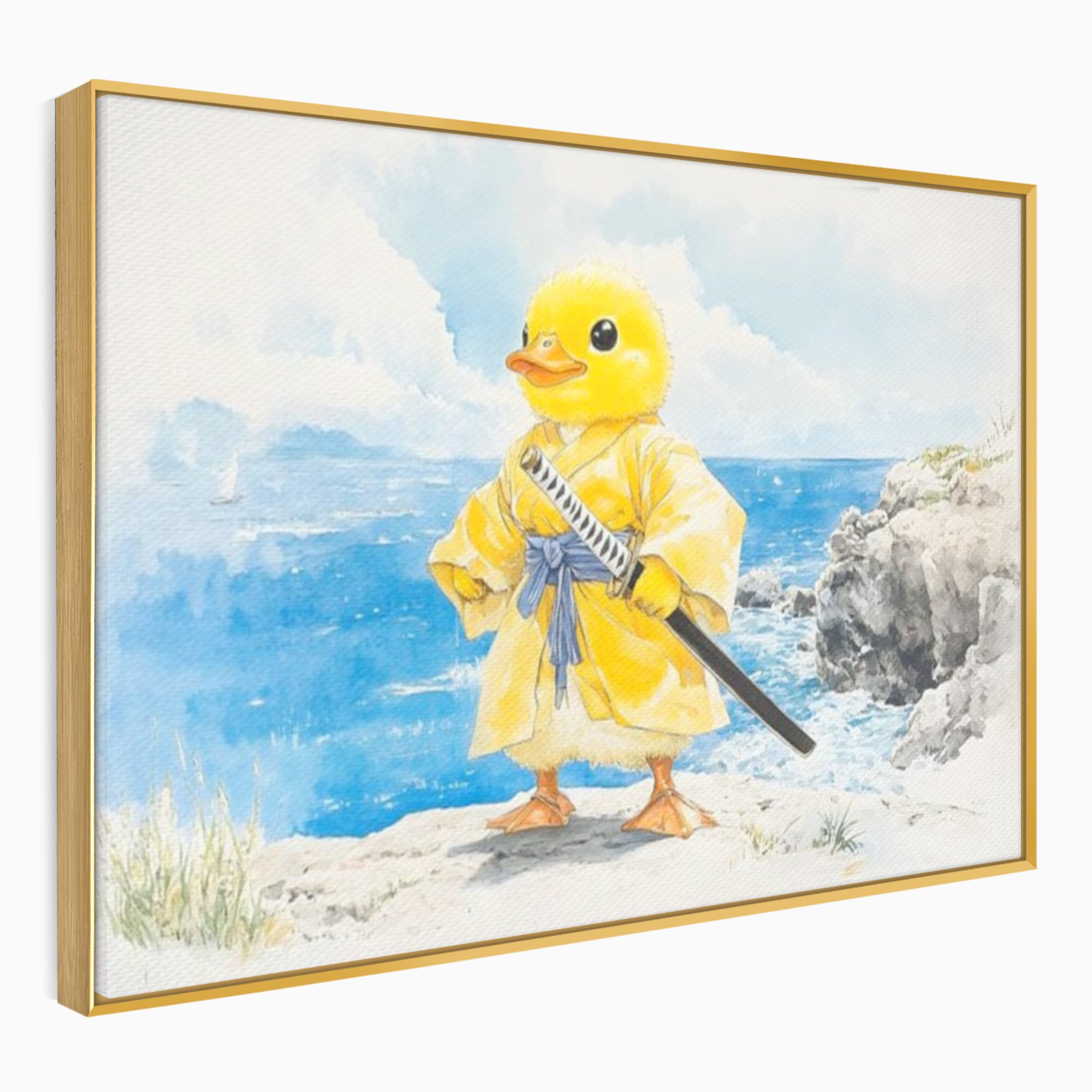 Tablou Canvas Premium, LuxCanva® K1026, Ratoiul Samurai, Amuzant, Galben, Copii, Umor, Sabie, Animatie, Mare, Stanci, Japonez, Caricatural, Gradinita, Loc de Joaca, Camera Copii