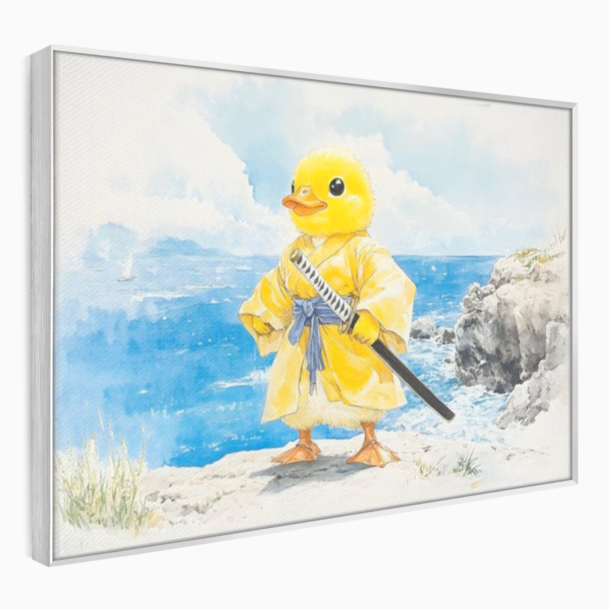 Tablou Canvas Premium, LuxCanva® K1026, Ratoiul Samurai, Amuzant, Galben, Copii, Umor, Sabie, Animatie, Mare, Stanci, Japonez, Caricatural, Gradinita, Loc de Joaca, Camera Copii