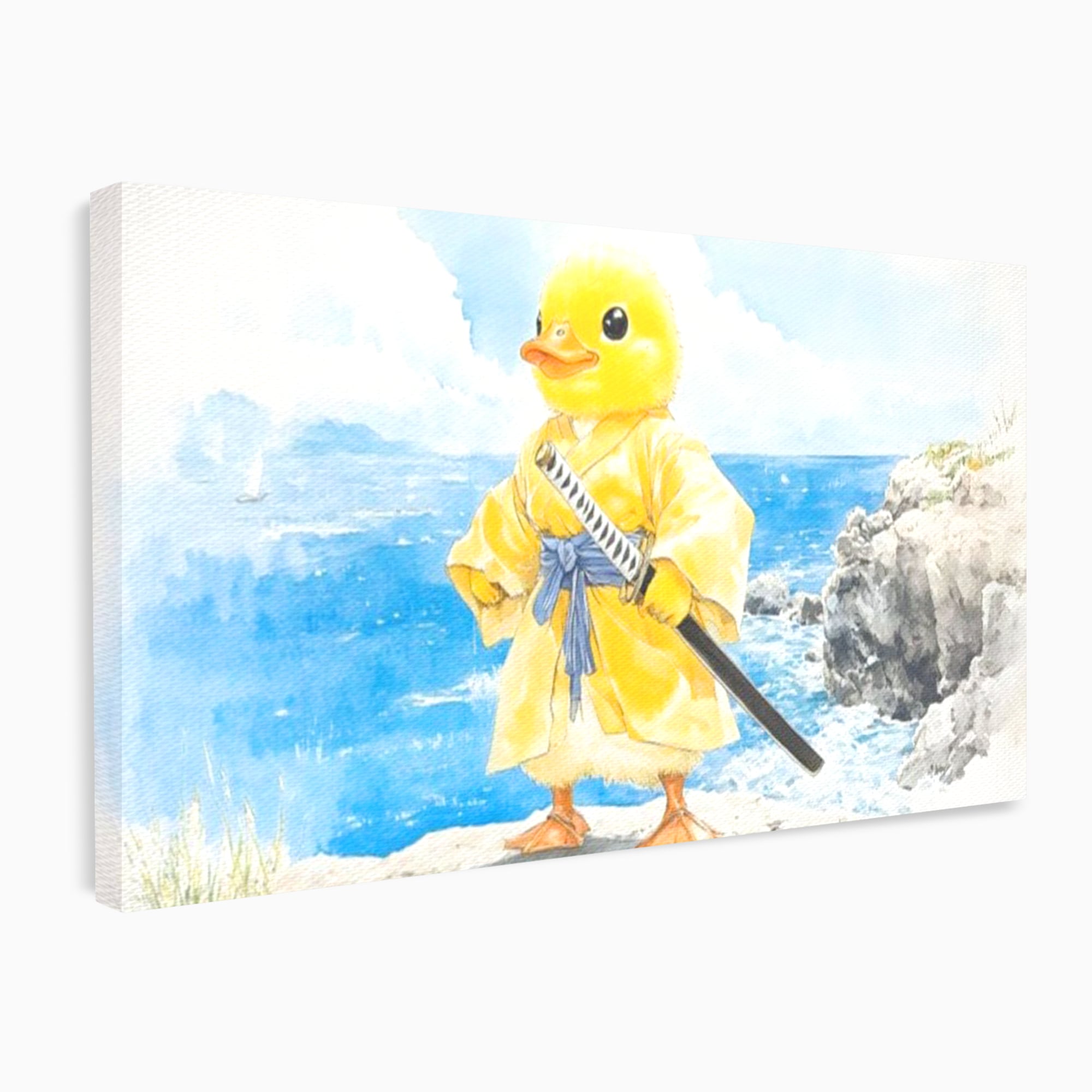 Tablou Canvas Premium, LuxCanva® K1026, Ratoiul Samurai, Amuzant, Galben, Copii, Umor, Sabie, Animatie, Mare, Stanci, Japonez, Caricatural, Gradinita, Loc de Joaca, Camera Copii
