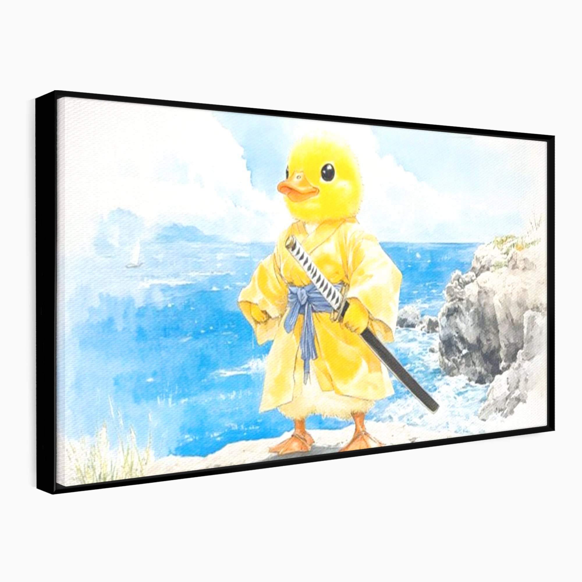 Tablou Canvas Premium, LuxCanva® K1026, Ratoiul Samurai, Amuzant, Galben, Copii, Umor, Sabie, Animatie, Mare, Stanci, Japonez, Caricatural, Gradinita, Loc de Joaca, Camera Copii