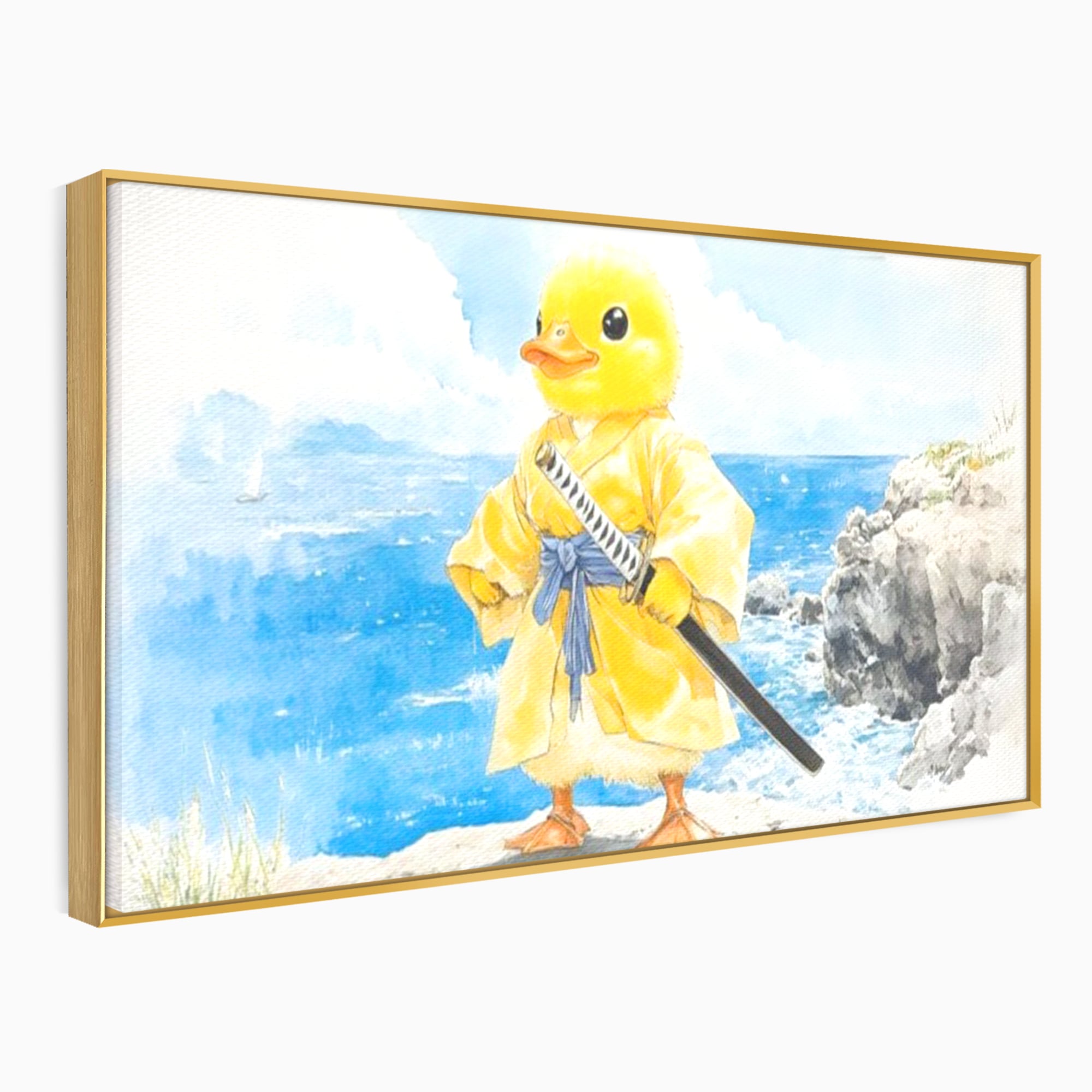 Tablou Canvas Premium, LuxCanva® K1026, Ratoiul Samurai, Amuzant, Galben, Copii, Umor, Sabie, Animatie, Mare, Stanci, Japonez, Caricatural, Gradinita, Loc de Joaca, Camera Copii