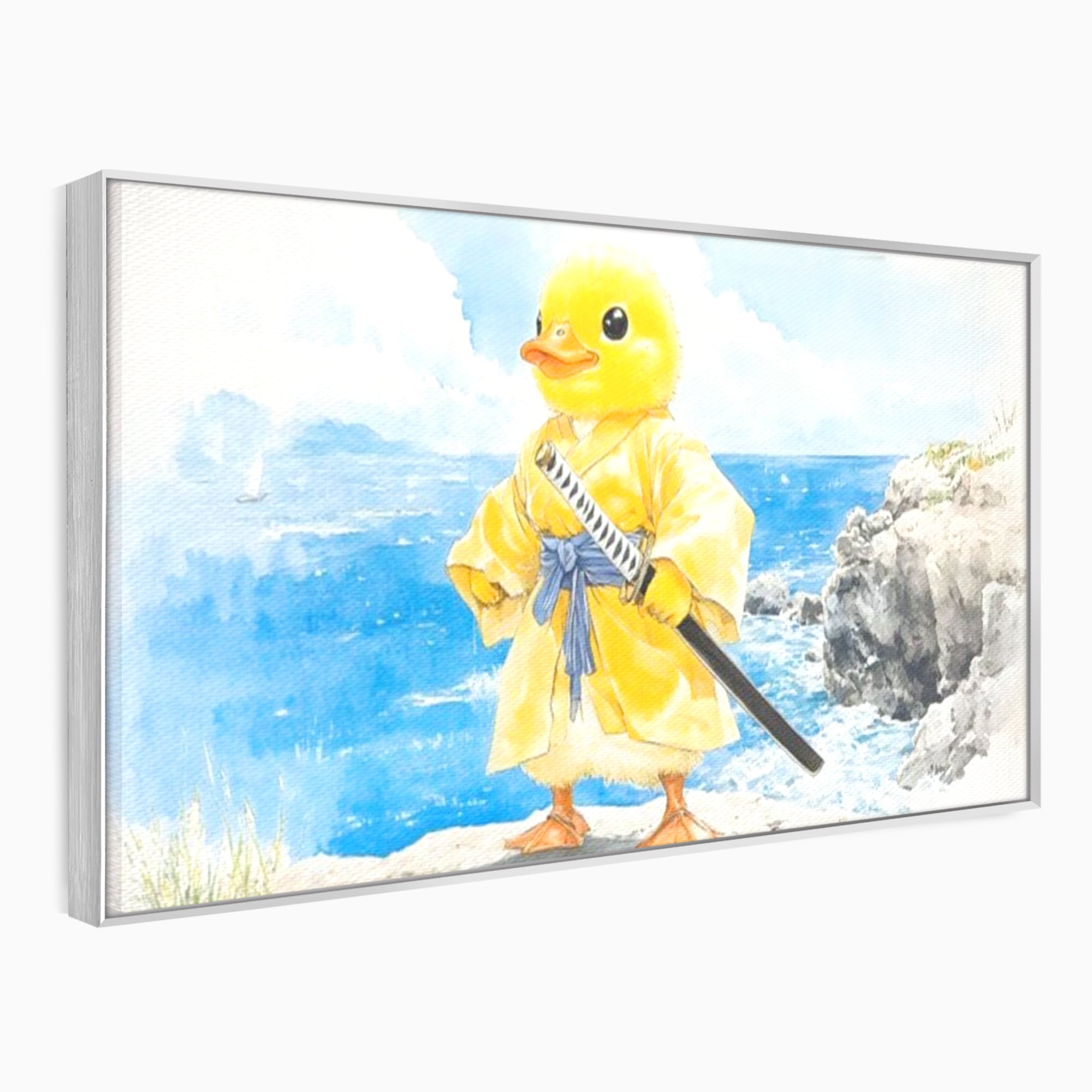 Tablou Canvas Premium, LuxCanva® K1026, Ratoiul Samurai, Amuzant, Galben, Copii, Umor, Sabie, Animatie, Mare, Stanci, Japonez, Caricatural, Gradinita, Loc de Joaca, Camera Copii