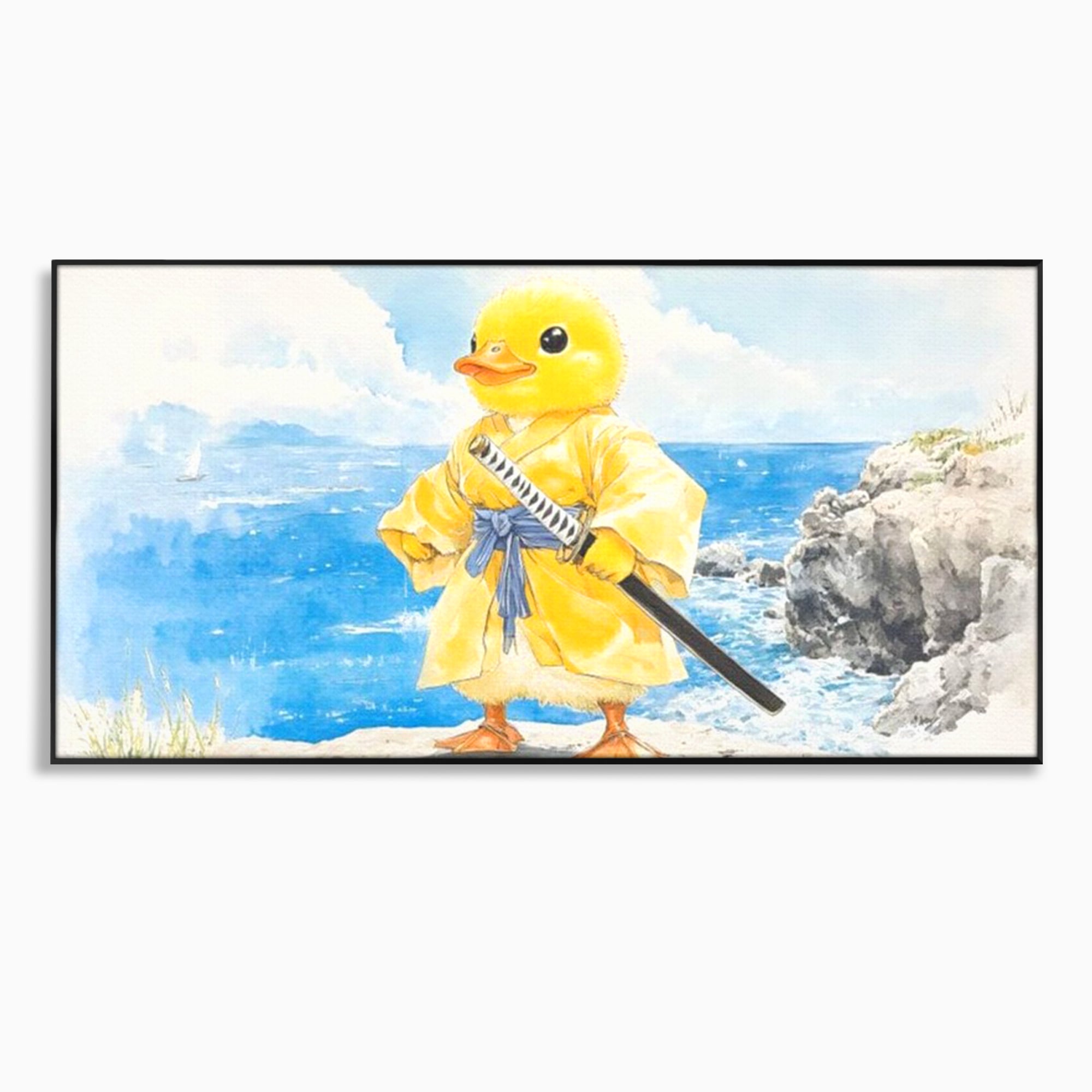 Tablou Canvas Premium, LuxCanva® K1026, Ratoiul Samurai, Amuzant, Galben, Copii, Umor, Sabie, Animatie, Mare, Stanci, Japonez, Caricatural, Gradinita, Loc de Joaca, Camera Copii