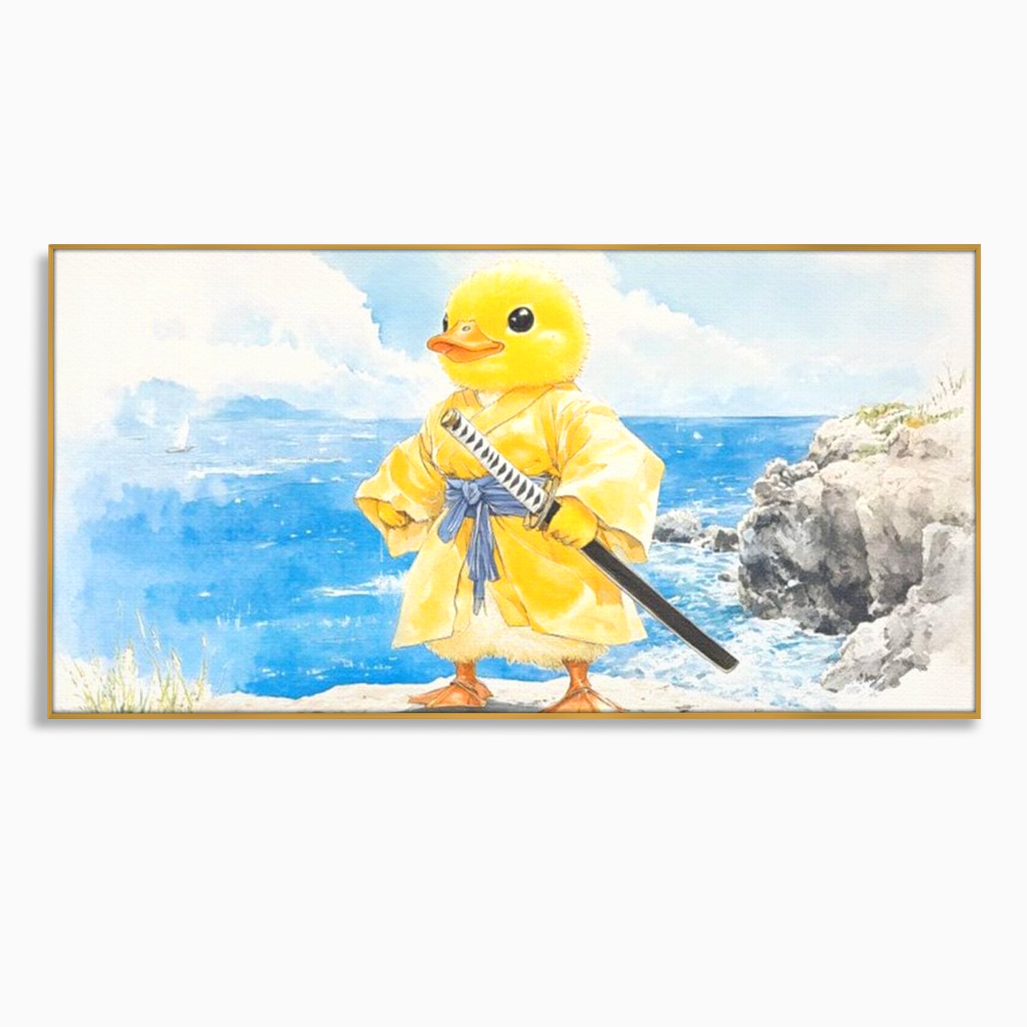 Tablou Canvas Premium, LuxCanva® K1026, Ratoiul Samurai, Amuzant, Galben, Copii, Umor, Sabie, Animatie, Mare, Stanci, Japonez, Caricatural, Gradinita, Loc de Joaca, Camera Copii