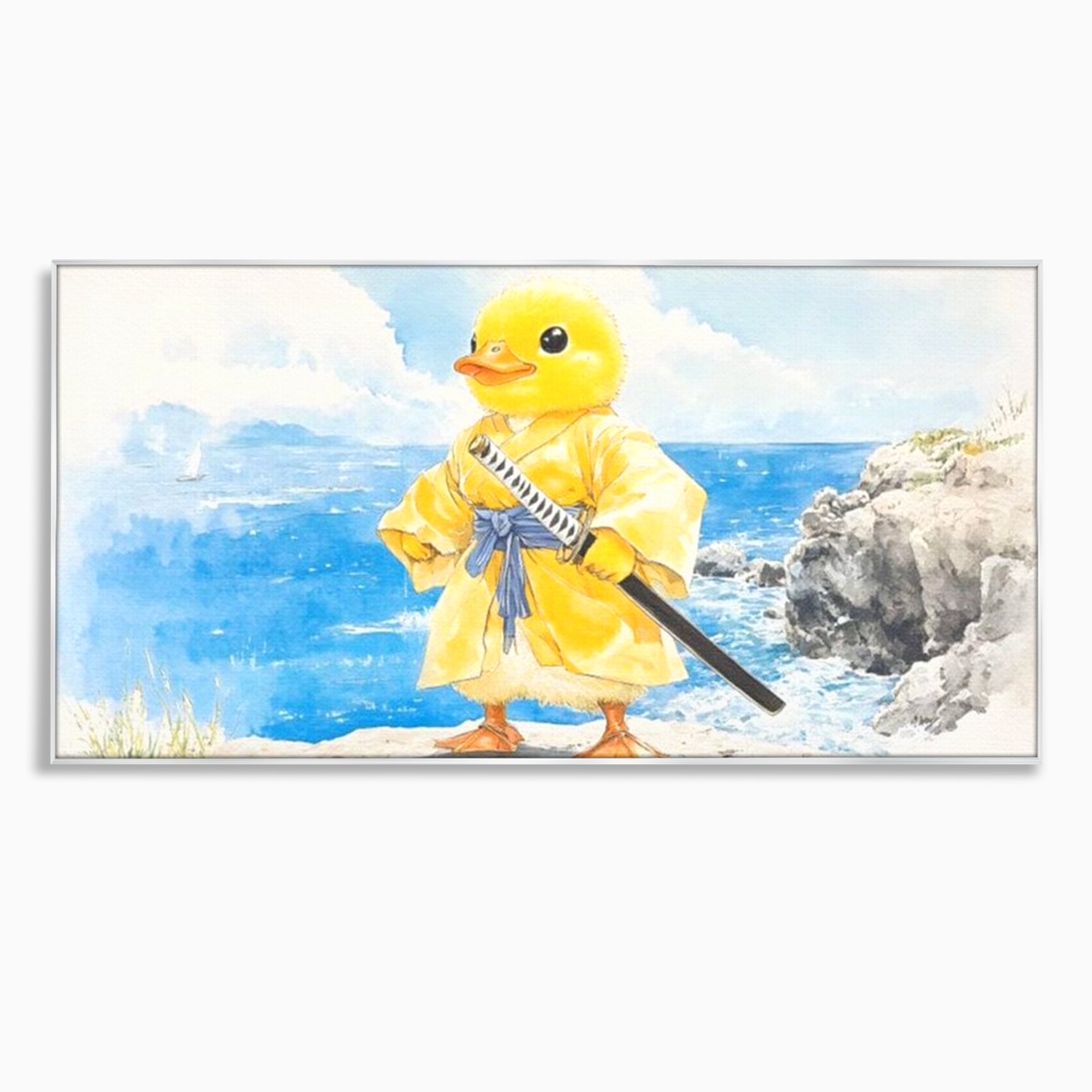 Tablou Canvas Premium, LuxCanva® K1026, Ratoiul Samurai, Amuzant, Galben, Copii, Umor, Sabie, Animatie, Mare, Stanci, Japonez, Caricatural, Gradinita, Loc de Joaca, Camera Copii
