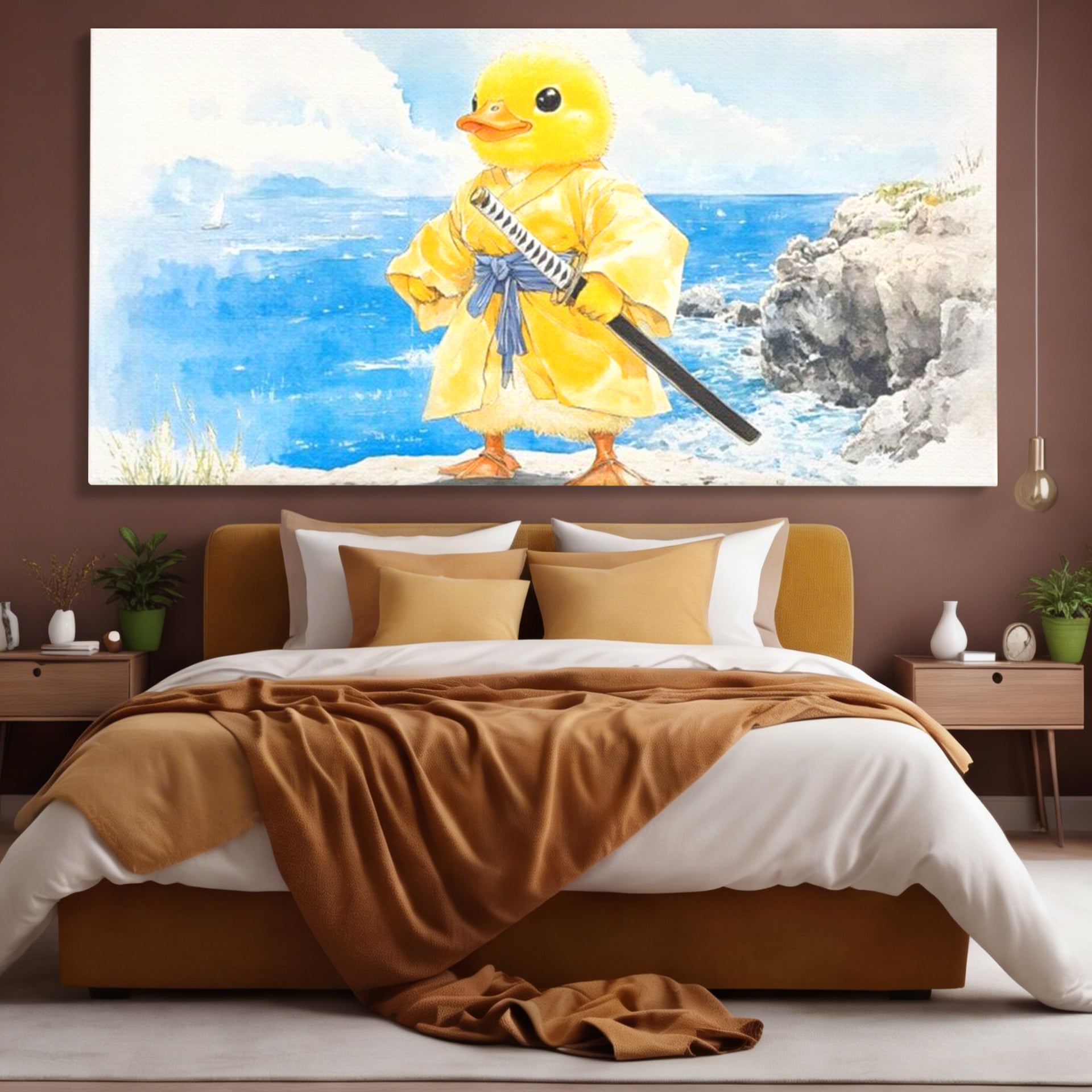 Tablou Canvas Premium, LuxCanva® K1026, Ratoiul Samurai, Amuzant, Galben, Copii, Umor, Sabie, Animatie, Mare, Stanci, Japonez, Caricatural, Gradinita, Loc de Joaca, Camera Copii