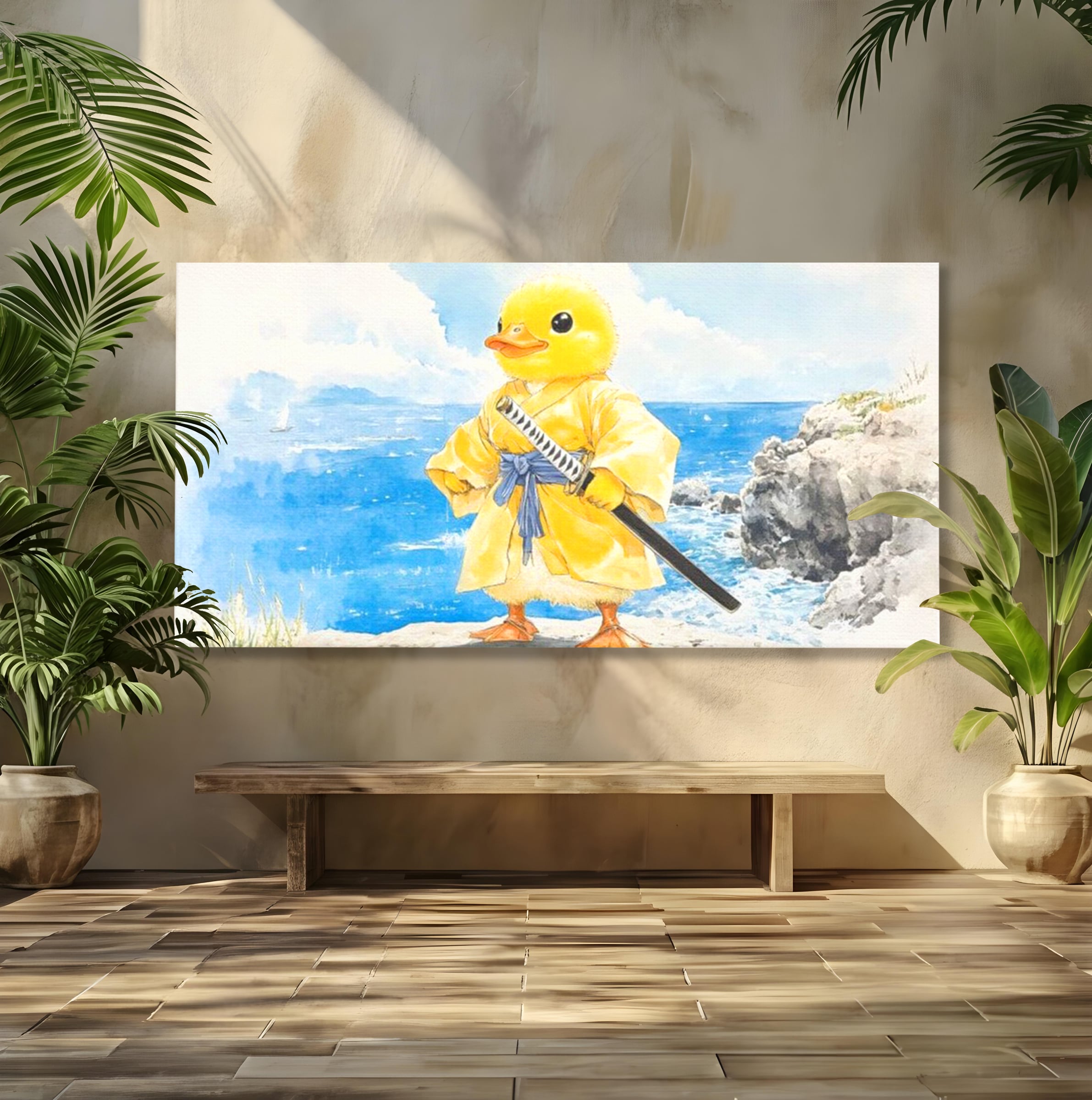 Tablou Canvas Premium, LuxCanva® K1026, Ratoiul Samurai, Amuzant, Galben, Copii, Umor, Sabie, Animatie, Mare, Stanci, Japonez, Caricatural, Gradinita, Loc de Joaca, Camera Copii