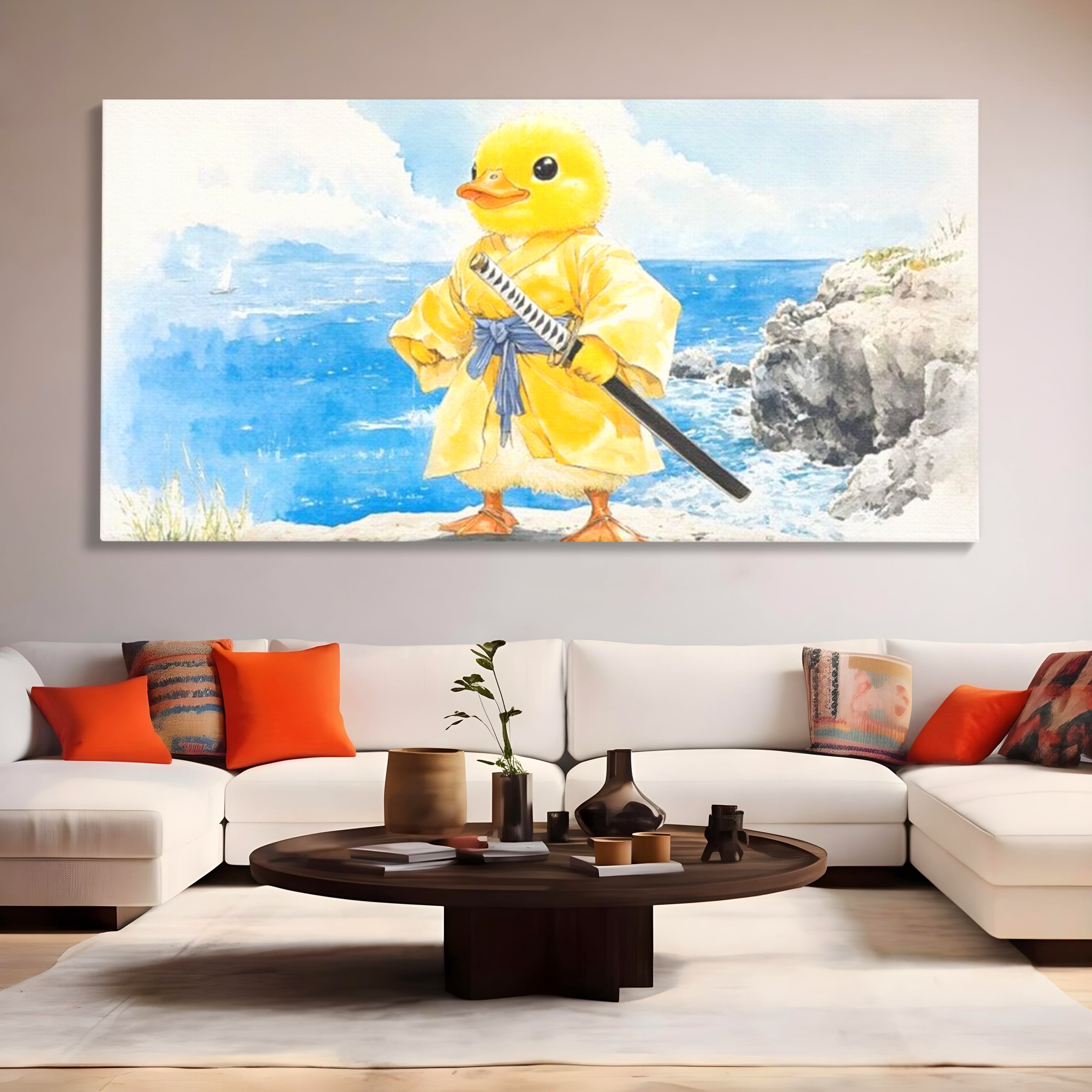 Tablou Canvas Premium, LuxCanva® K1026, Ratoiul Samurai, Amuzant, Galben, Copii, Umor, Sabie, Animatie, Mare, Stanci, Japonez, Caricatural, Gradinita, Loc de Joaca, Camera Copii