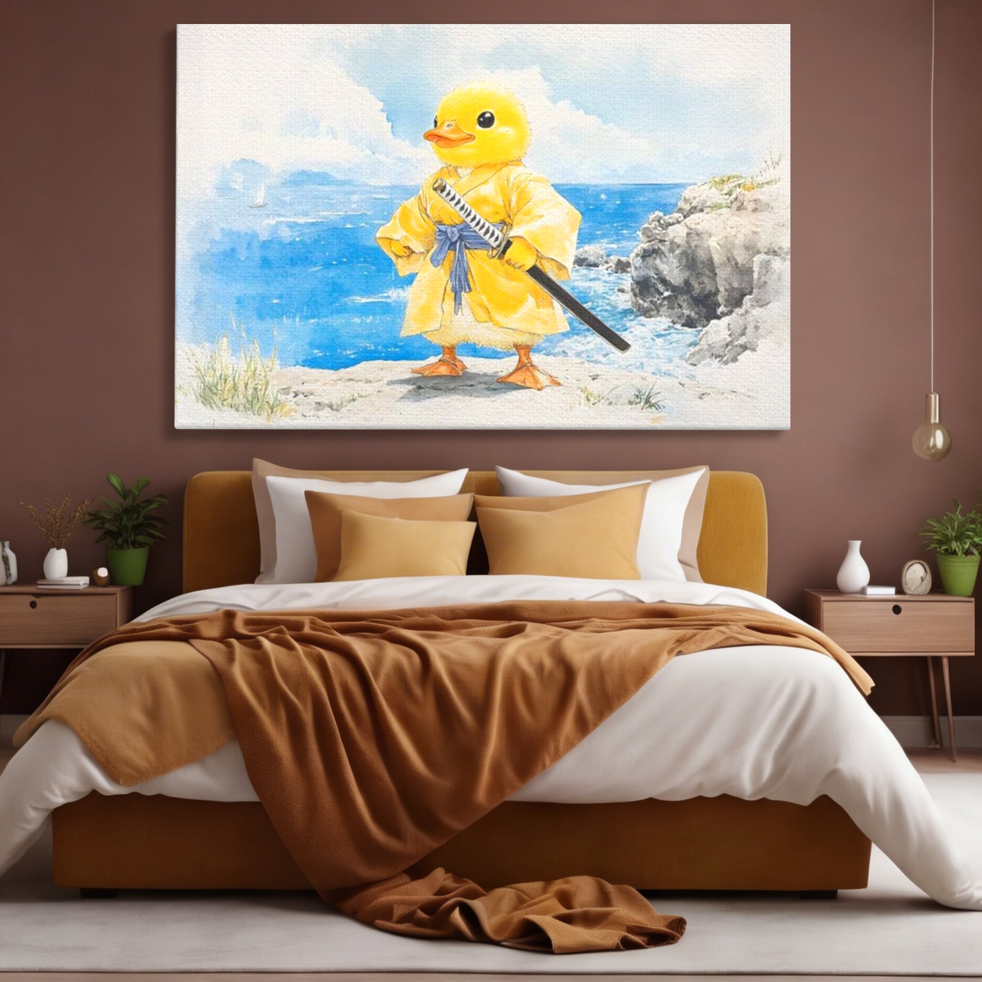 Tablou Canvas Premium, LuxCanva® K1026, Ratoiul Samurai, Amuzant, Galben, Copii, Umor, Sabie, Animatie, Mare, Stanci, Japonez, Caricatural, Gradinita, Loc de Joaca, Camera Copii