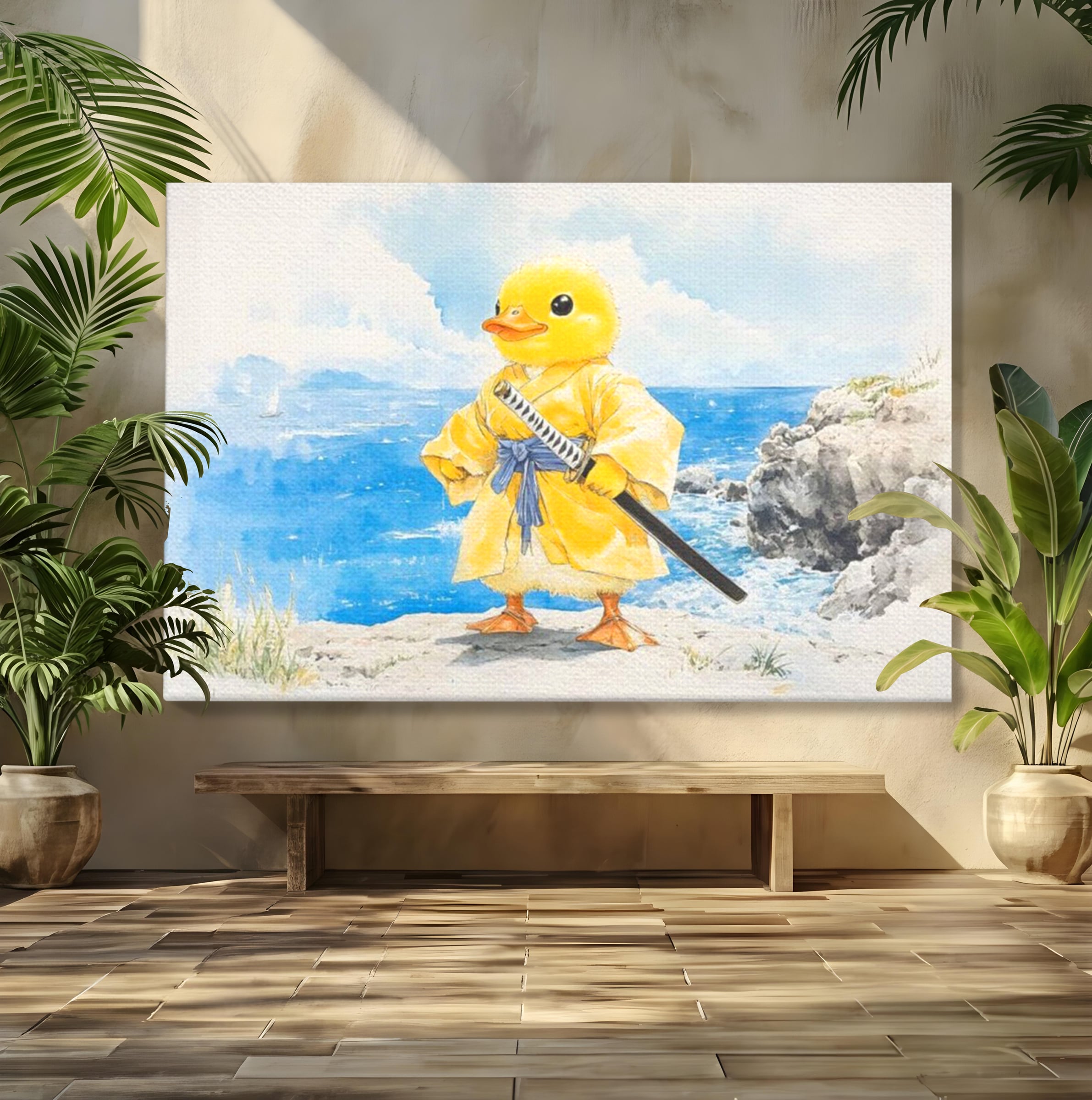Tablou Canvas Premium, LuxCanva® K1026, Ratoiul Samurai, Amuzant, Galben, Copii, Umor, Sabie, Animatie, Mare, Stanci, Japonez, Caricatural, Gradinita, Loc de Joaca, Camera Copii