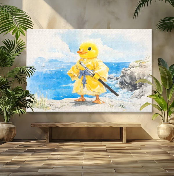 Tablou Canvas Premium, LuxCanva® K1026, Ratoiul Samurai, Amuzant, Galben, Copii, Umor, Sabie, Animatie, Mare, Stanci, Japonez, Caricatural, Gradinita, Loc de Joaca, Camera Copii