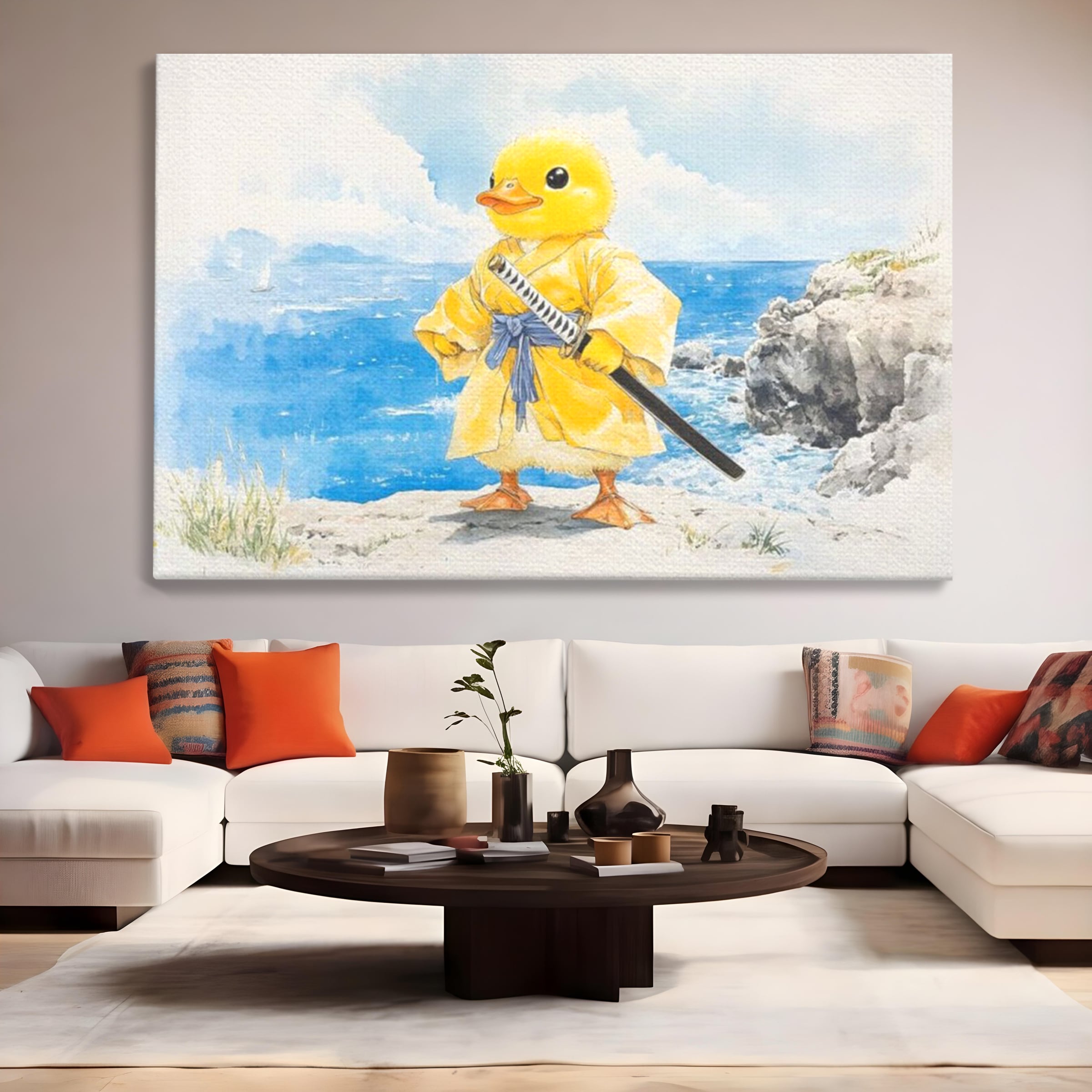 Tablou Canvas Premium, LuxCanva® K1026, Ratoiul Samurai, Amuzant, Galben, Copii, Umor, Sabie, Animatie, Mare, Stanci, Japonez, Caricatural, Gradinita, Loc de Joaca, Camera Copii
