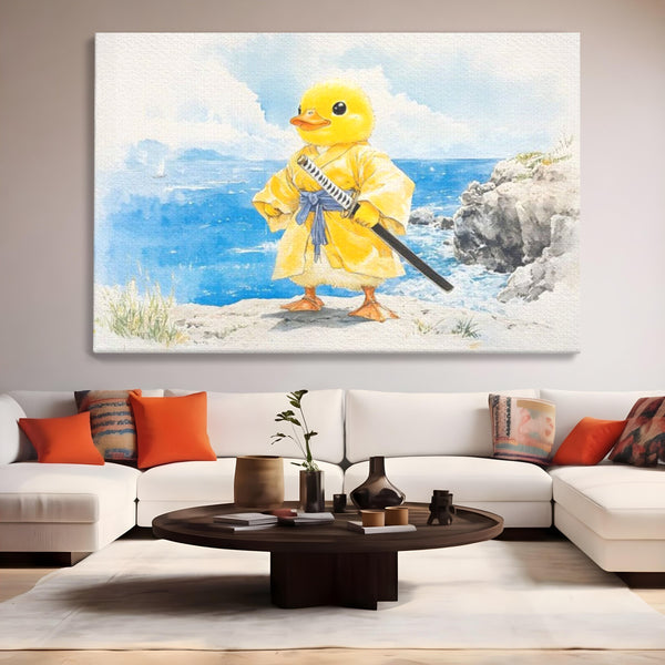 Tablou Canvas Premium, LuxCanva® K1026, Ratoiul Samurai, Amuzant, Galben, Copii, Umor, Sabie, Animatie, Mare, Stanci, Japonez, Caricatural, Gradinita, Loc de Joaca, Camera Copii
