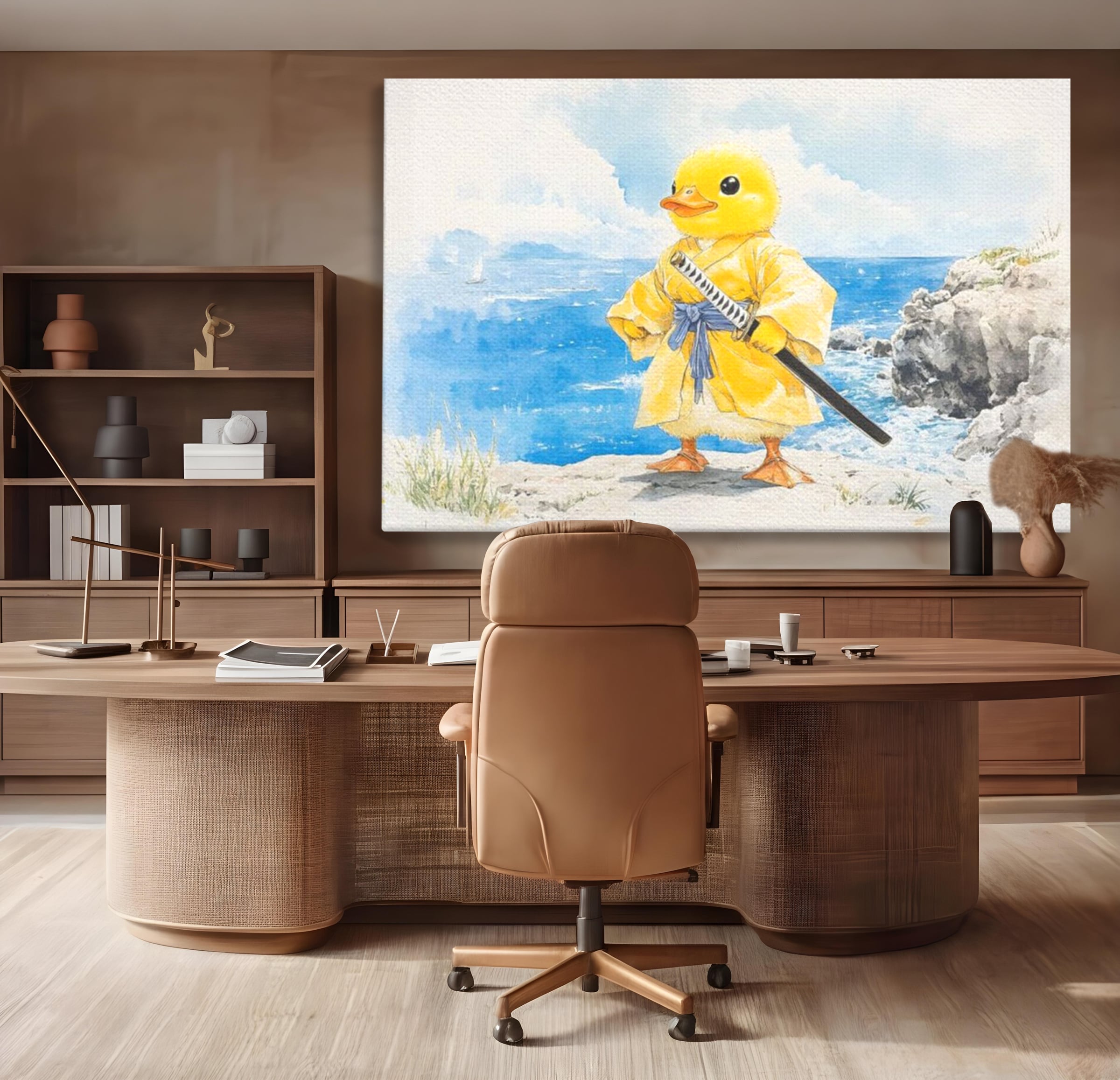 Tablou Canvas Premium, LuxCanva® K1026, Ratoiul Samurai, Amuzant, Galben, Copii, Umor, Sabie, Animatie, Mare, Stanci, Japonez, Caricatural, Gradinita, Loc de Joaca, Camera Copii
