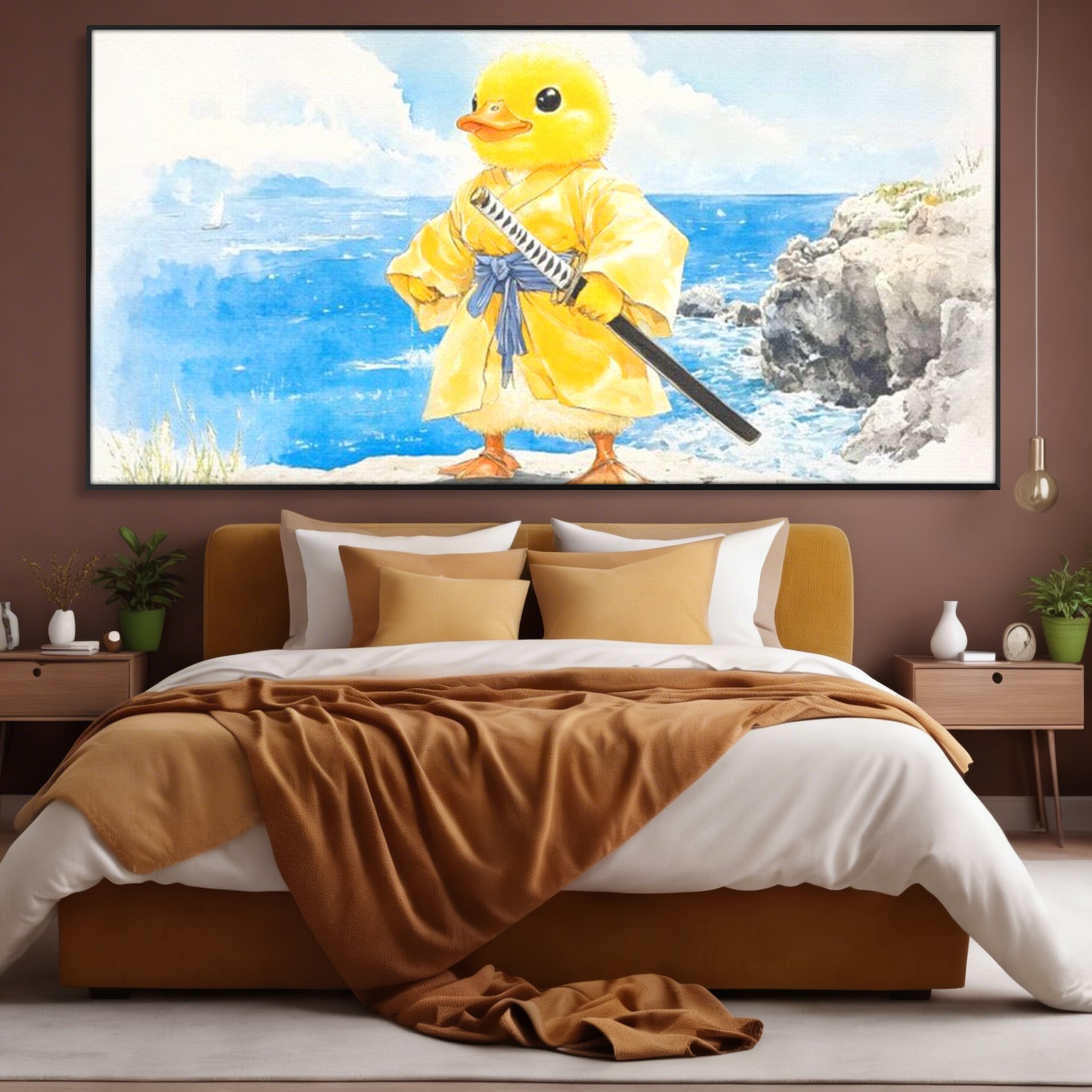 Tablou Canvas Premium, LuxCanva® K1026, Ratoiul Samurai, Amuzant, Galben, Copii, Umor, Sabie, Animatie, Mare, Stanci, Japonez, Caricatural, Gradinita, Loc de Joaca, Camera Copii