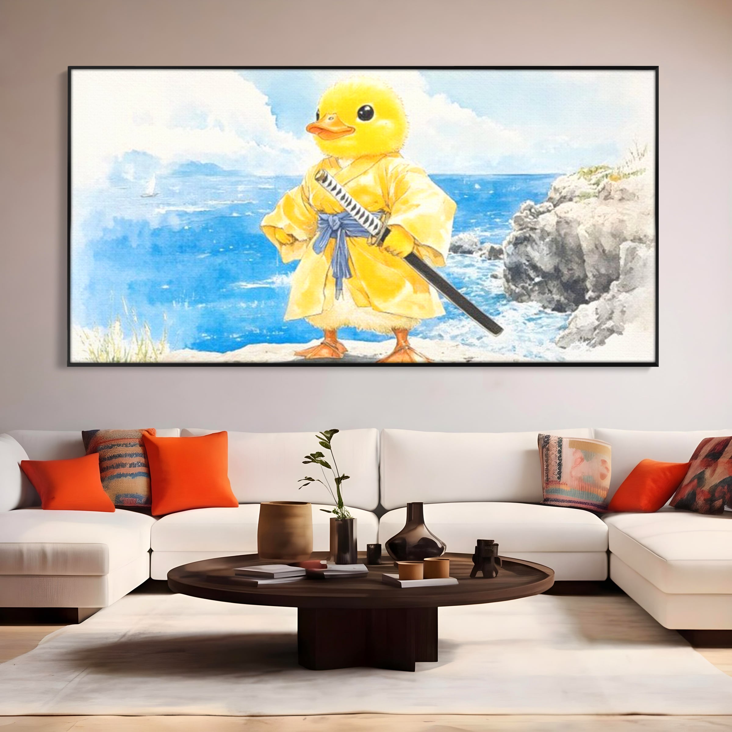Tablou Canvas Premium, LuxCanva® K1026, Ratoiul Samurai, Amuzant, Galben, Copii, Umor, Sabie, Animatie, Mare, Stanci, Japonez, Caricatural, Gradinita, Loc de Joaca, Camera Copii