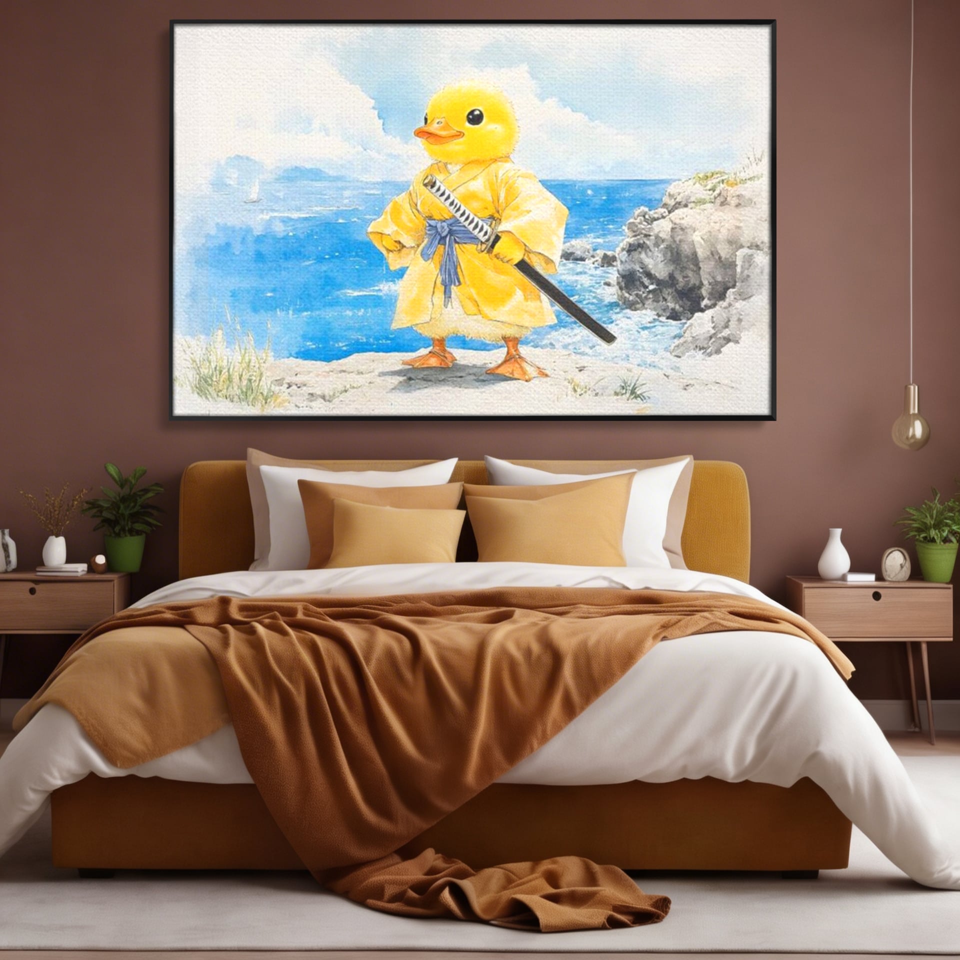 Tablou Canvas Premium, LuxCanva® K1026, Ratoiul Samurai, Amuzant, Galben, Copii, Umor, Sabie, Animatie, Mare, Stanci, Japonez, Caricatural, Gradinita, Loc de Joaca, Camera Copii