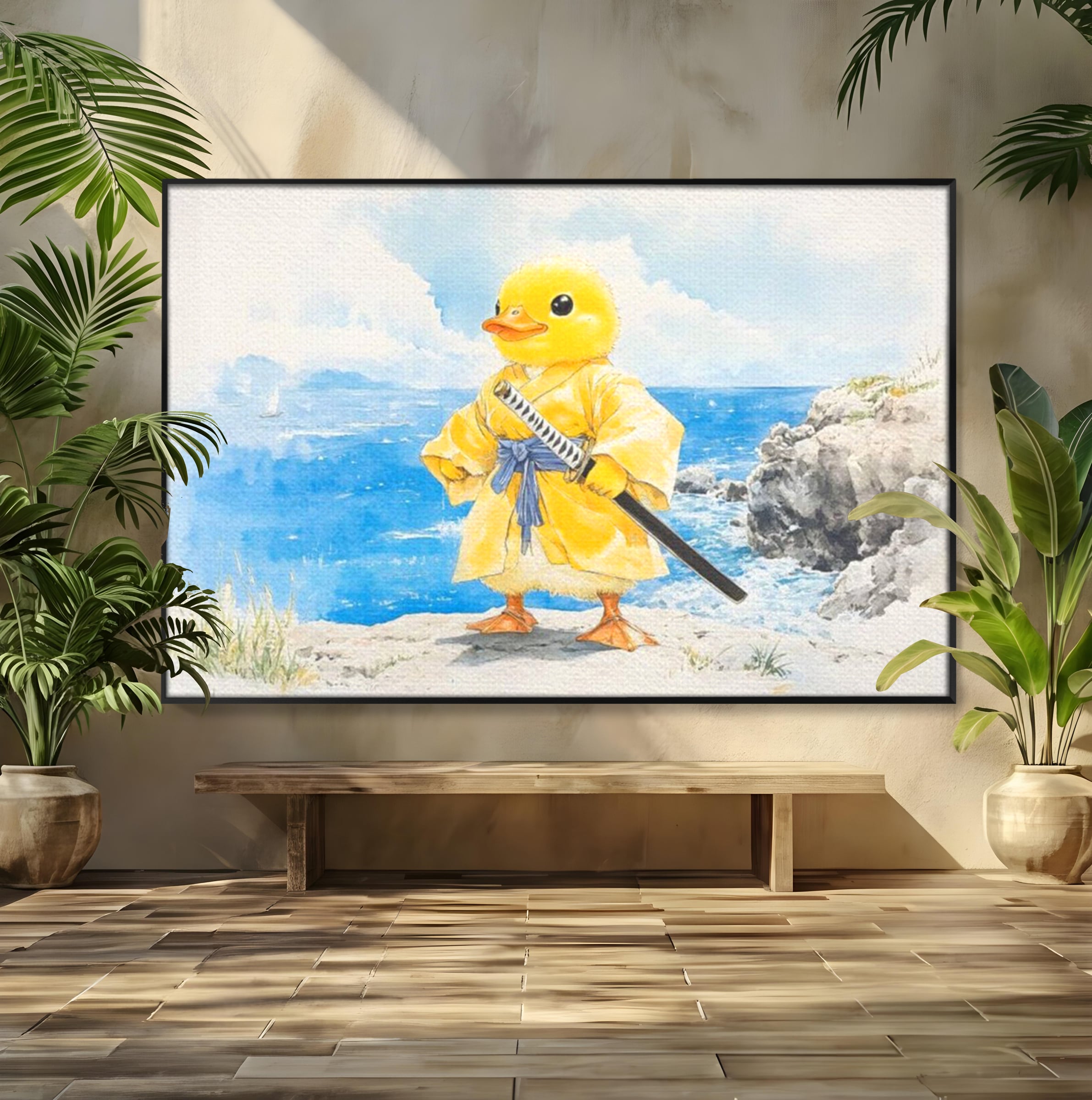 Tablou Canvas Premium, LuxCanva® K1026, Ratoiul Samurai, Amuzant, Galben, Copii, Umor, Sabie, Animatie, Mare, Stanci, Japonez, Caricatural, Gradinita, Loc de Joaca, Camera Copii