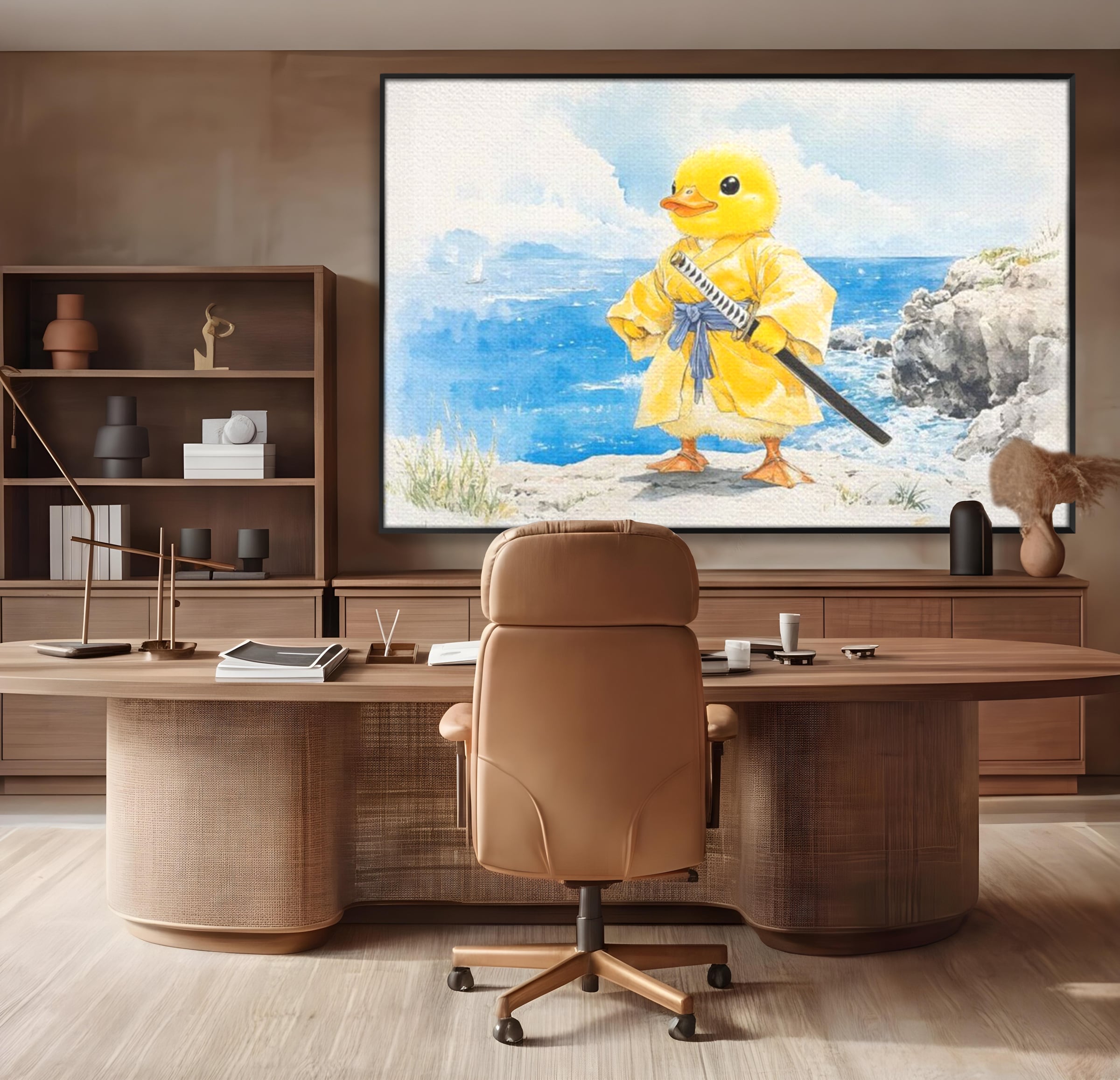 Tablou Canvas Premium, LuxCanva® K1026, Ratoiul Samurai, Amuzant, Galben, Copii, Umor, Sabie, Animatie, Mare, Stanci, Japonez, Caricatural, Gradinita, Loc de Joaca, Camera Copii
