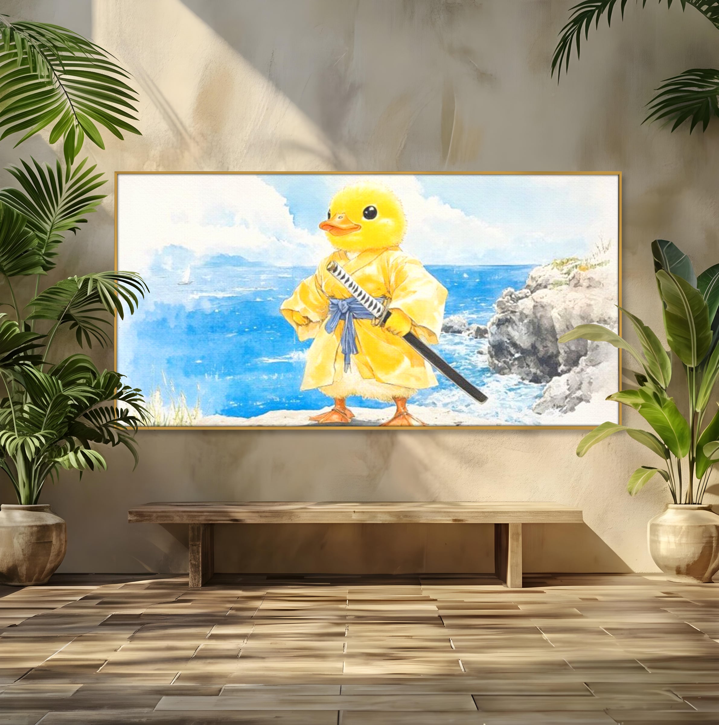 Tablou Canvas Premium, LuxCanva® K1026, Ratoiul Samurai, Amuzant, Galben, Copii, Umor, Sabie, Animatie, Mare, Stanci, Japonez, Caricatural, Gradinita, Loc de Joaca, Camera Copii