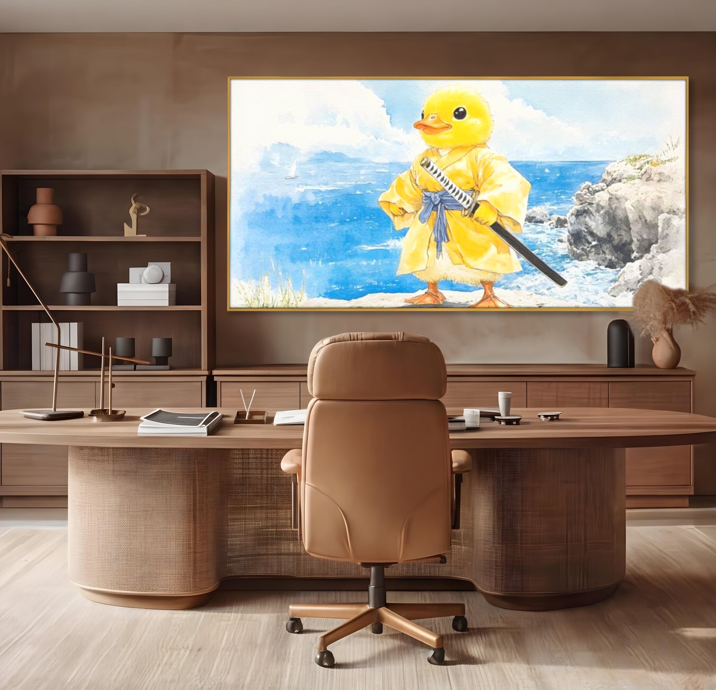 Tablou Canvas Premium, LuxCanva® K1026, Ratoiul Samurai, Amuzant, Galben, Copii, Umor, Sabie, Animatie, Mare, Stanci, Japonez, Caricatural, Gradinita, Loc de Joaca, Camera Copii