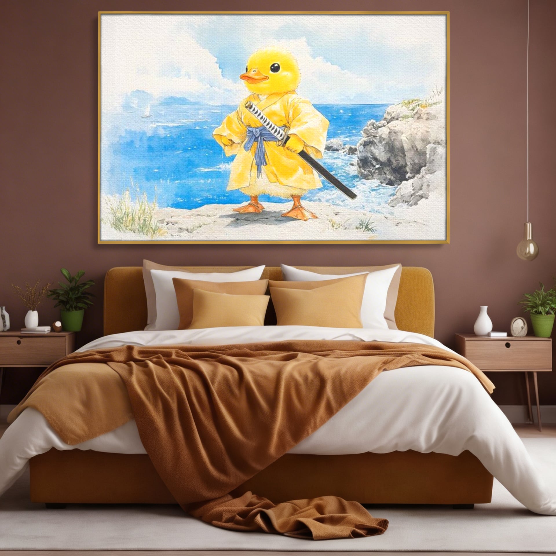 Tablou Canvas Premium, LuxCanva® K1026, Ratoiul Samurai, Amuzant, Galben, Copii, Umor, Sabie, Animatie, Mare, Stanci, Japonez, Caricatural, Gradinita, Loc de Joaca, Camera Copii