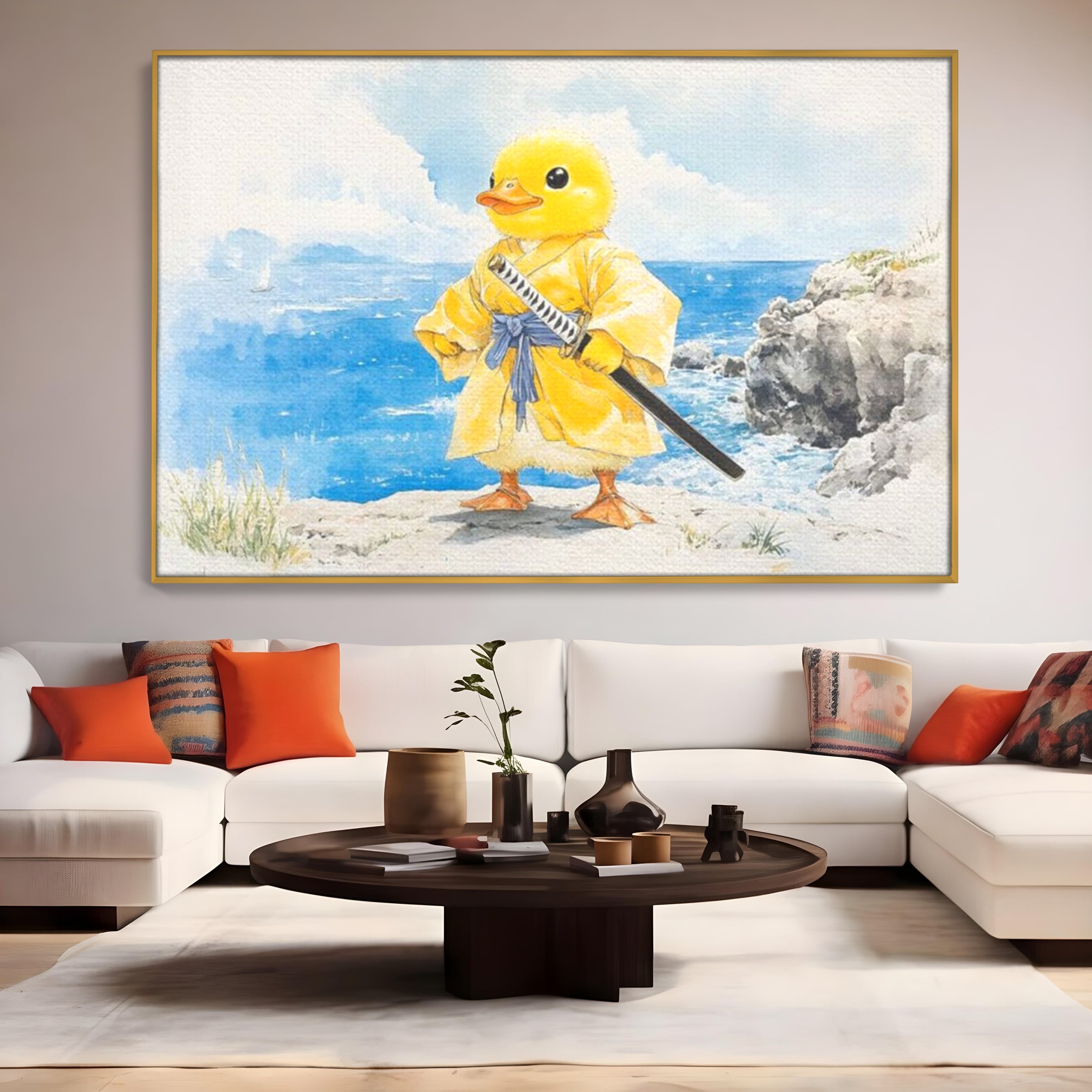 Tablou Canvas Premium, LuxCanva® K1026, Ratoiul Samurai, Amuzant, Galben, Copii, Umor, Sabie, Animatie, Mare, Stanci, Japonez, Caricatural, Gradinita, Loc de Joaca, Camera Copii