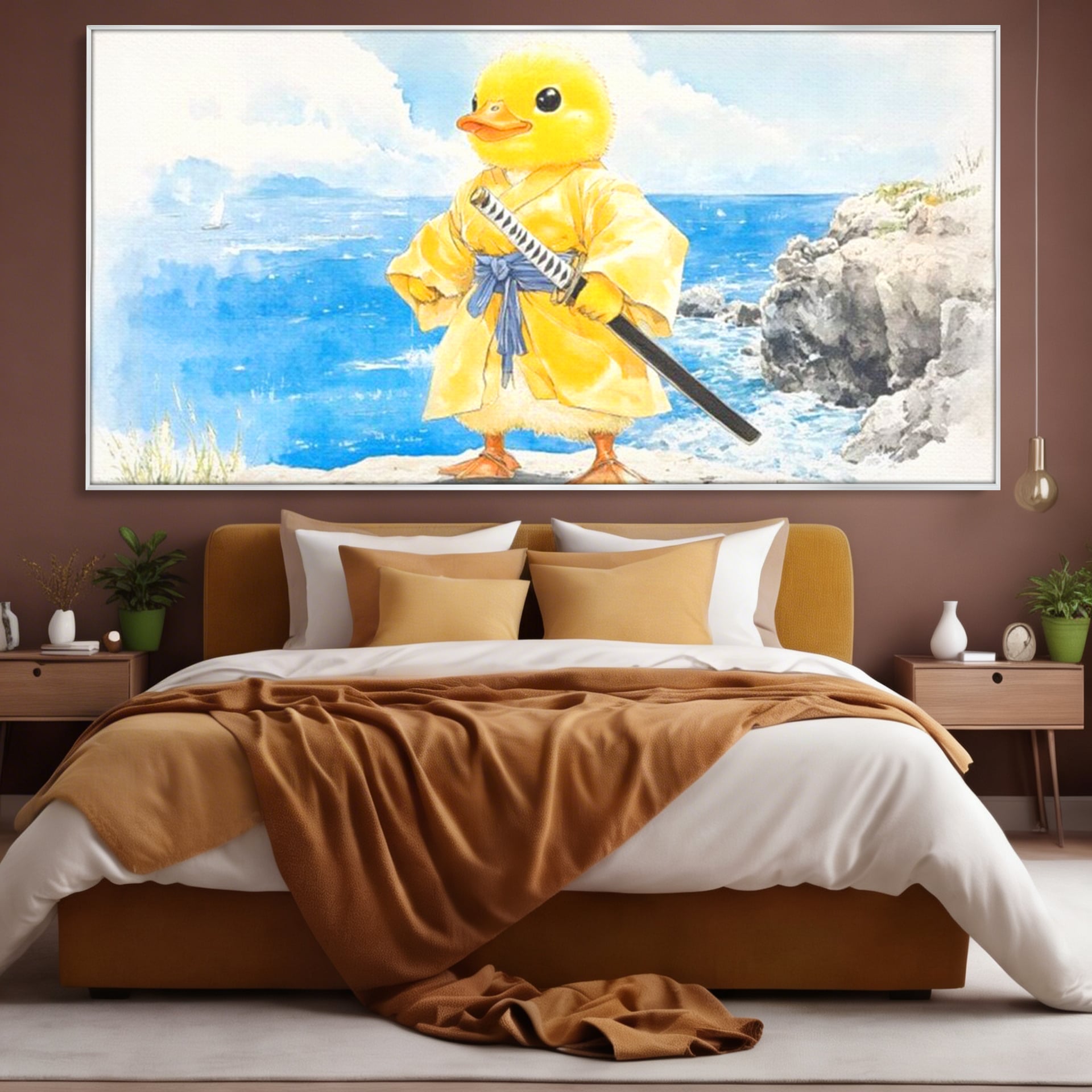 Tablou Canvas Premium, LuxCanva® K1026, Ratoiul Samurai, Amuzant, Galben, Copii, Umor, Sabie, Animatie, Mare, Stanci, Japonez, Caricatural, Gradinita, Loc de Joaca, Camera Copii