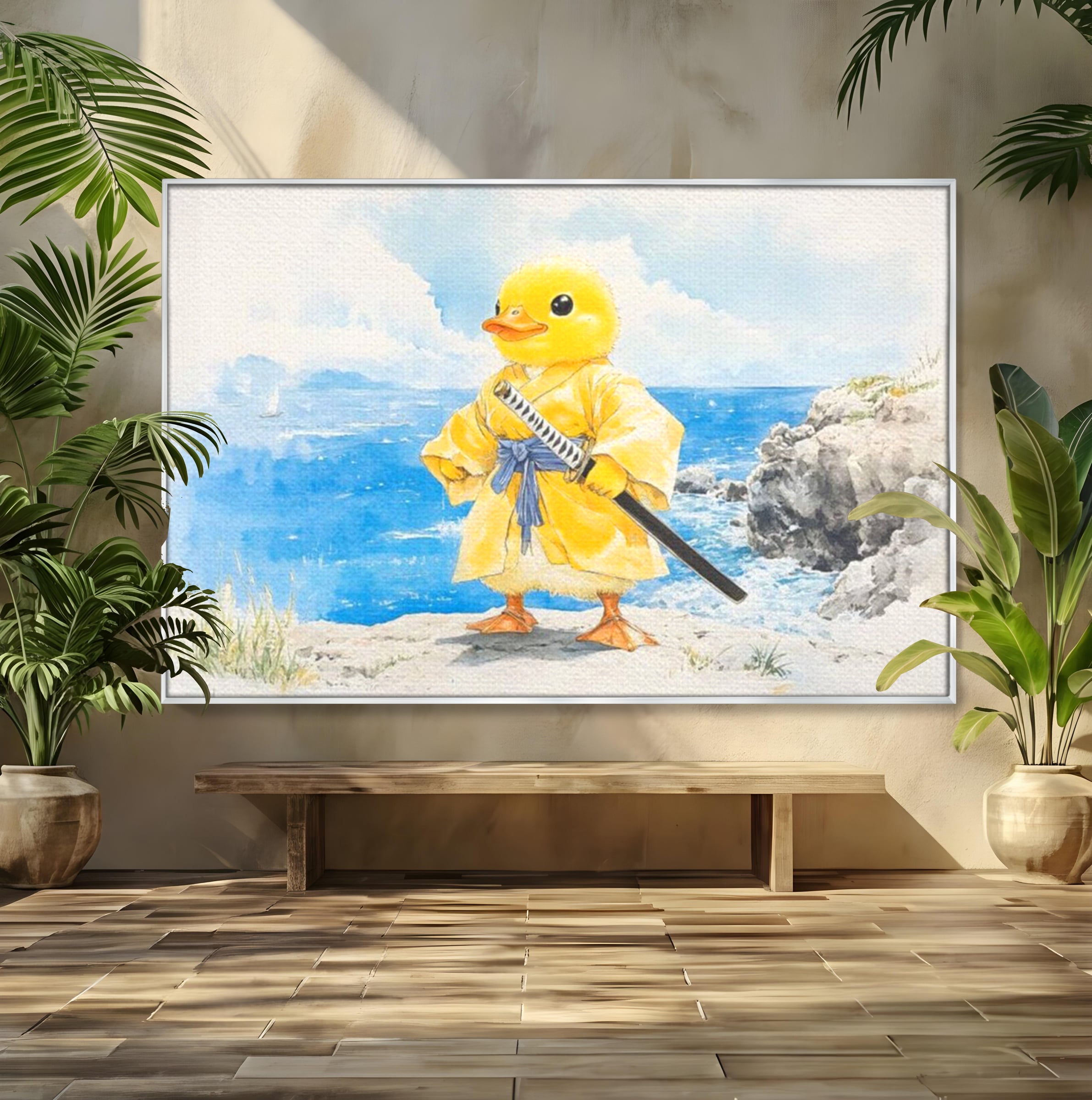 Tablou Canvas Premium, LuxCanva® K1026, Ratoiul Samurai, Amuzant, Galben, Copii, Umor, Sabie, Animatie, Mare, Stanci, Japonez, Caricatural, Gradinita, Loc de Joaca, Camera Copii