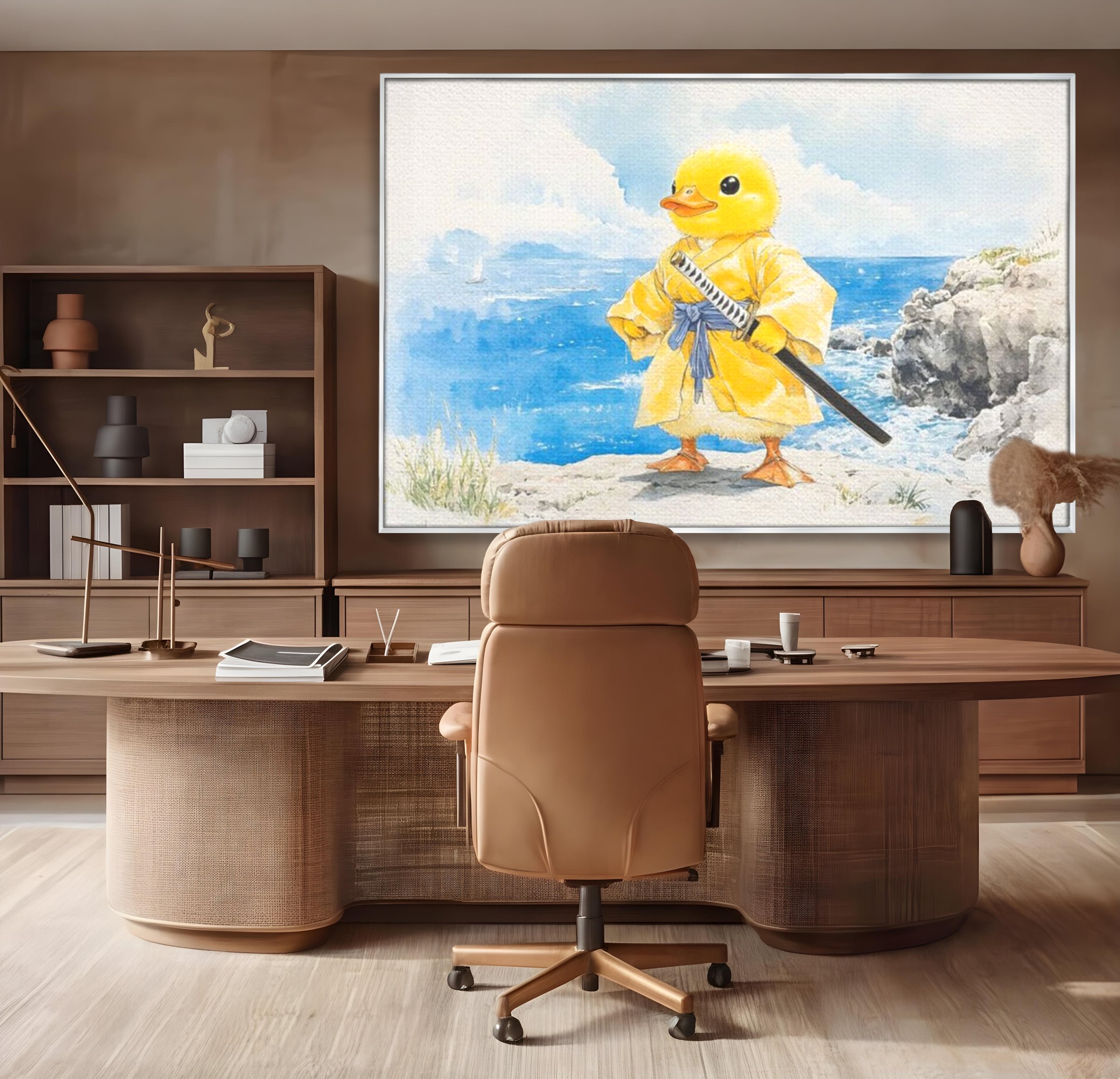 Tablou Canvas Premium, LuxCanva® K1026, Ratoiul Samurai, Amuzant, Galben, Copii, Umor, Sabie, Animatie, Mare, Stanci, Japonez, Caricatural, Gradinita, Loc de Joaca, Camera Copii